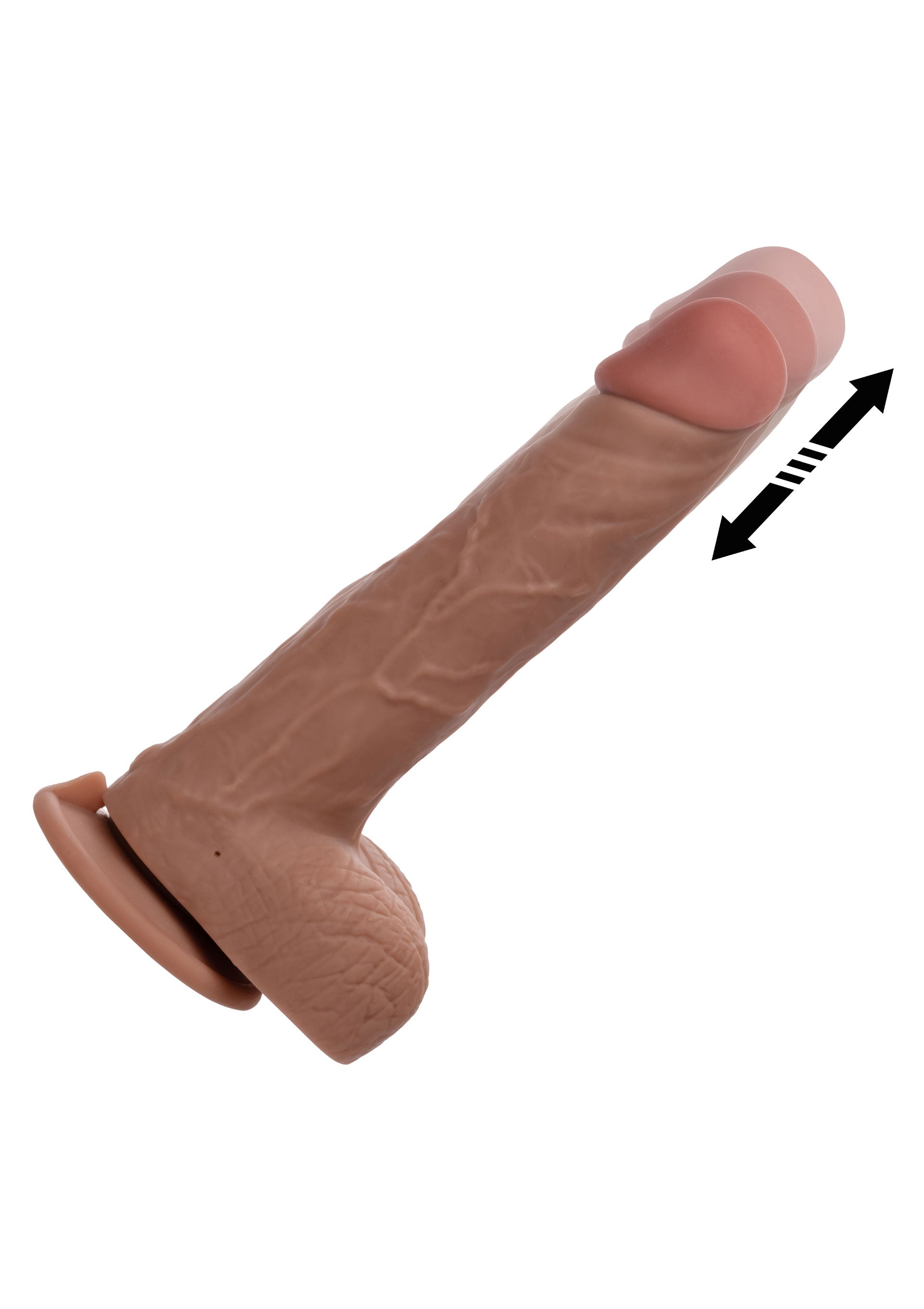 Dildo vibrator realist cu impingere The Thrusting Jack Hammer CalExotics caramel, vedere laterala cu curbura tijei