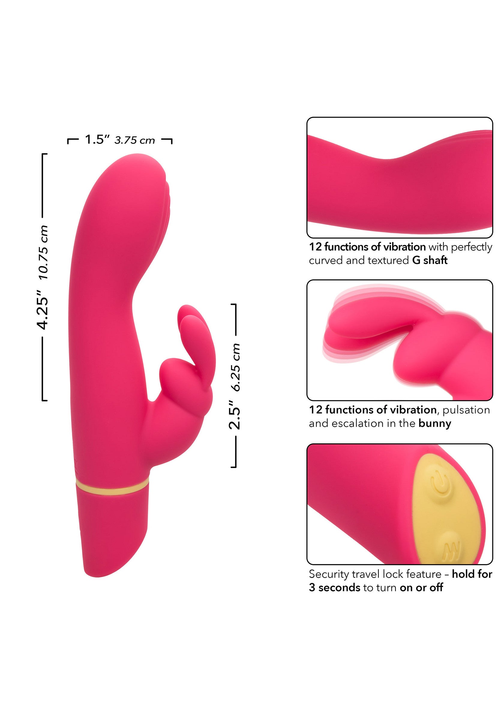 Vibrator rabbit cu doua motoare Love Bunny CalExotics roz, detaliu inel auriu