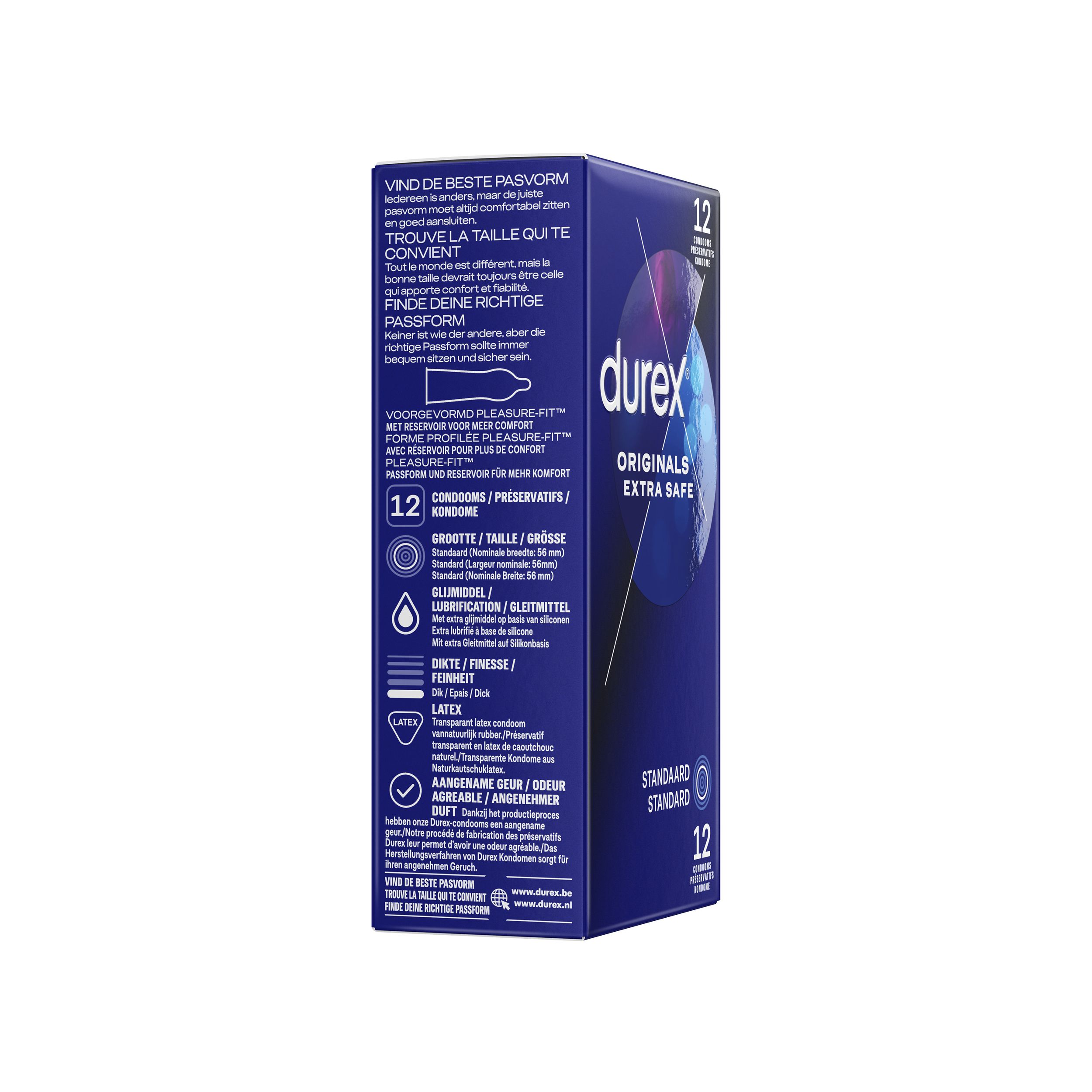 Cutia Durex Extra Safe vazuta din lateral, cu pictograme de utilizare