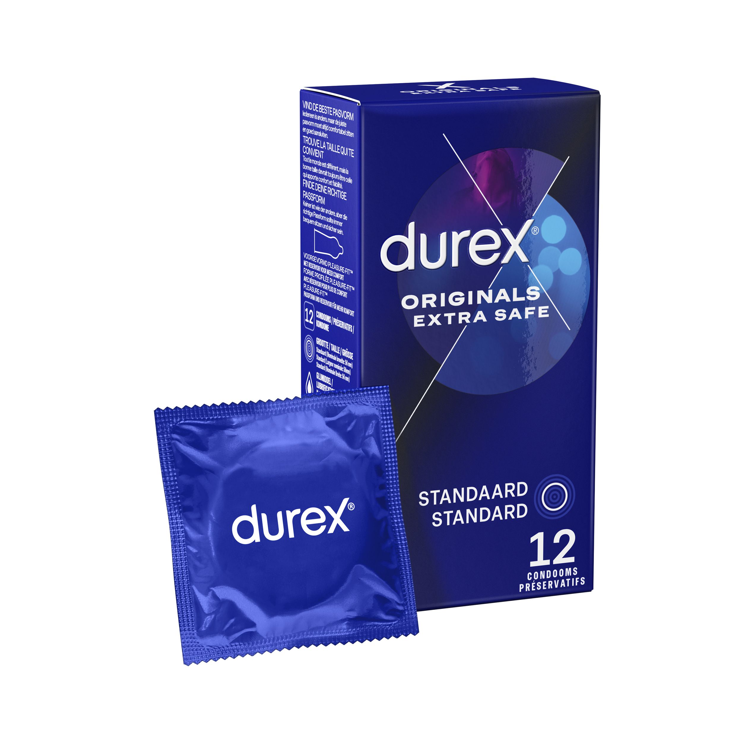 Cutia Durex Extra Safe langa un prezervativ individual ambalat