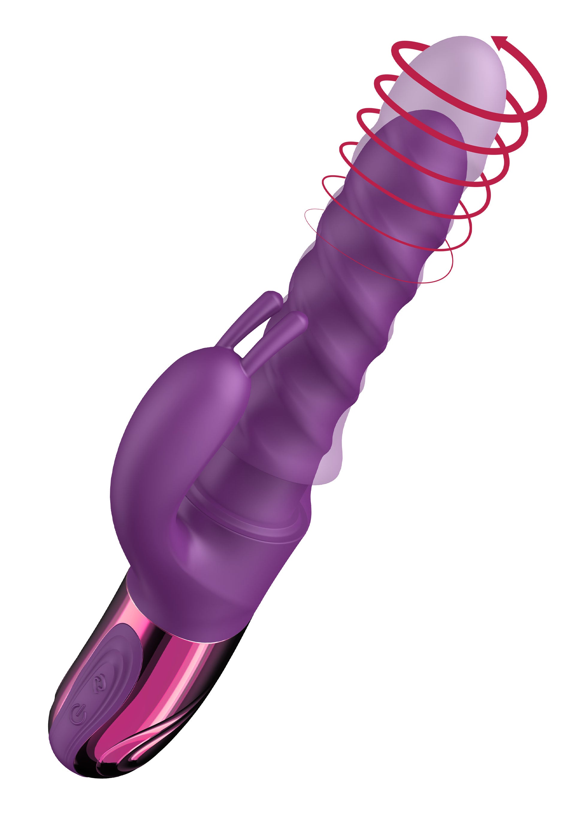 Vibrator rabbit cu rotatie si impingere Swirl She.E.O mov, vedere de ansamblu cu directie rotatie