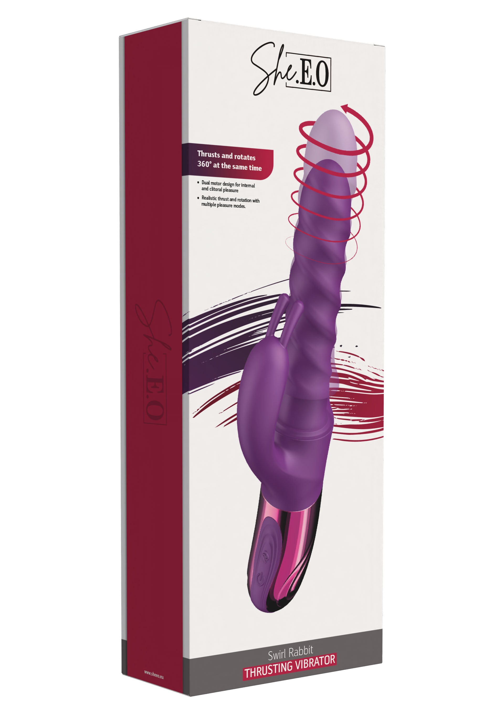 Vibrator rabbit cu rotatie si impingere Swirl She.E.O mov, detaliu urechi iepuras