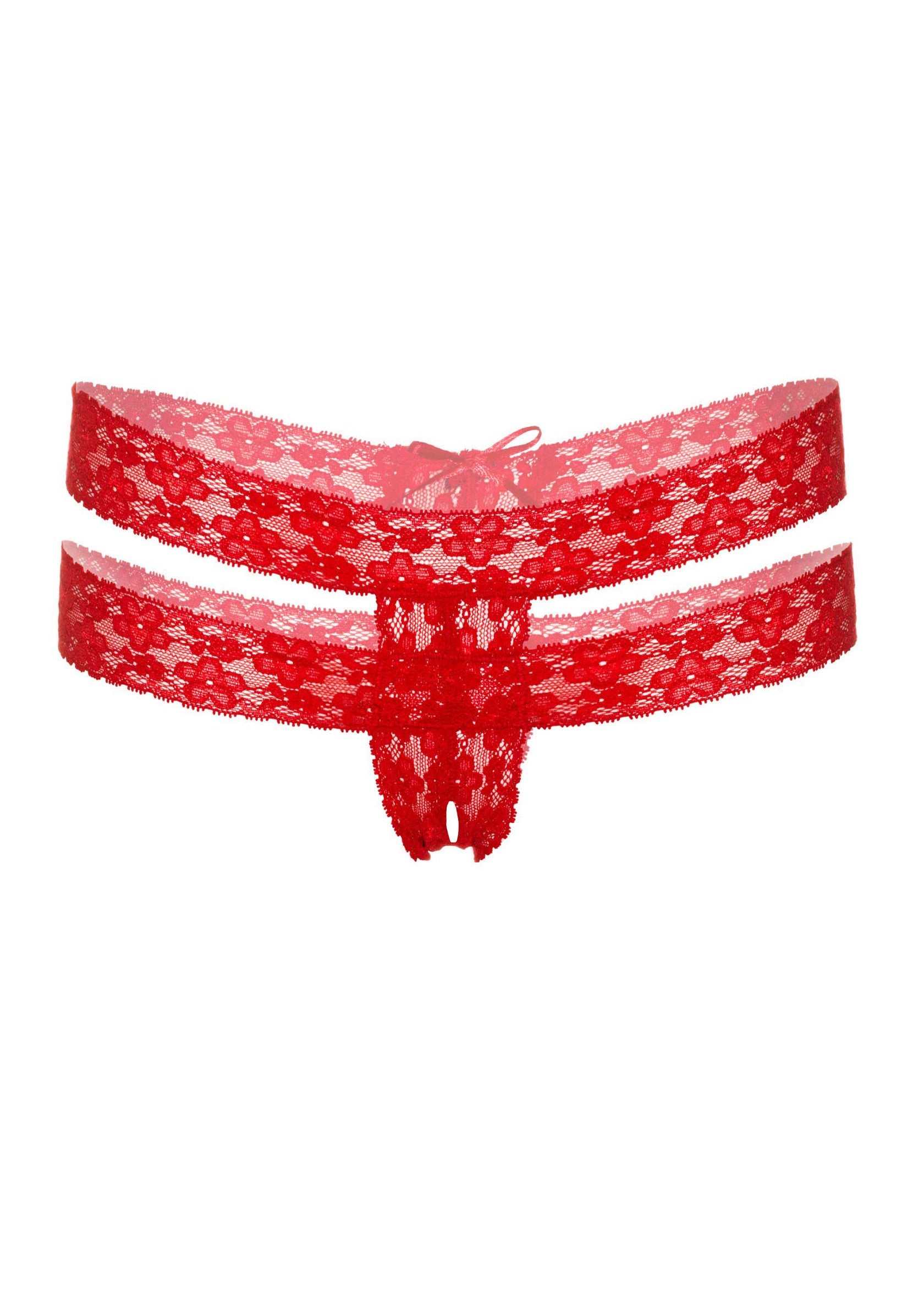 Chilot tanga crotchless cu dantela dubla Lucy Daring Intimates rosu, detaliu decupaj central