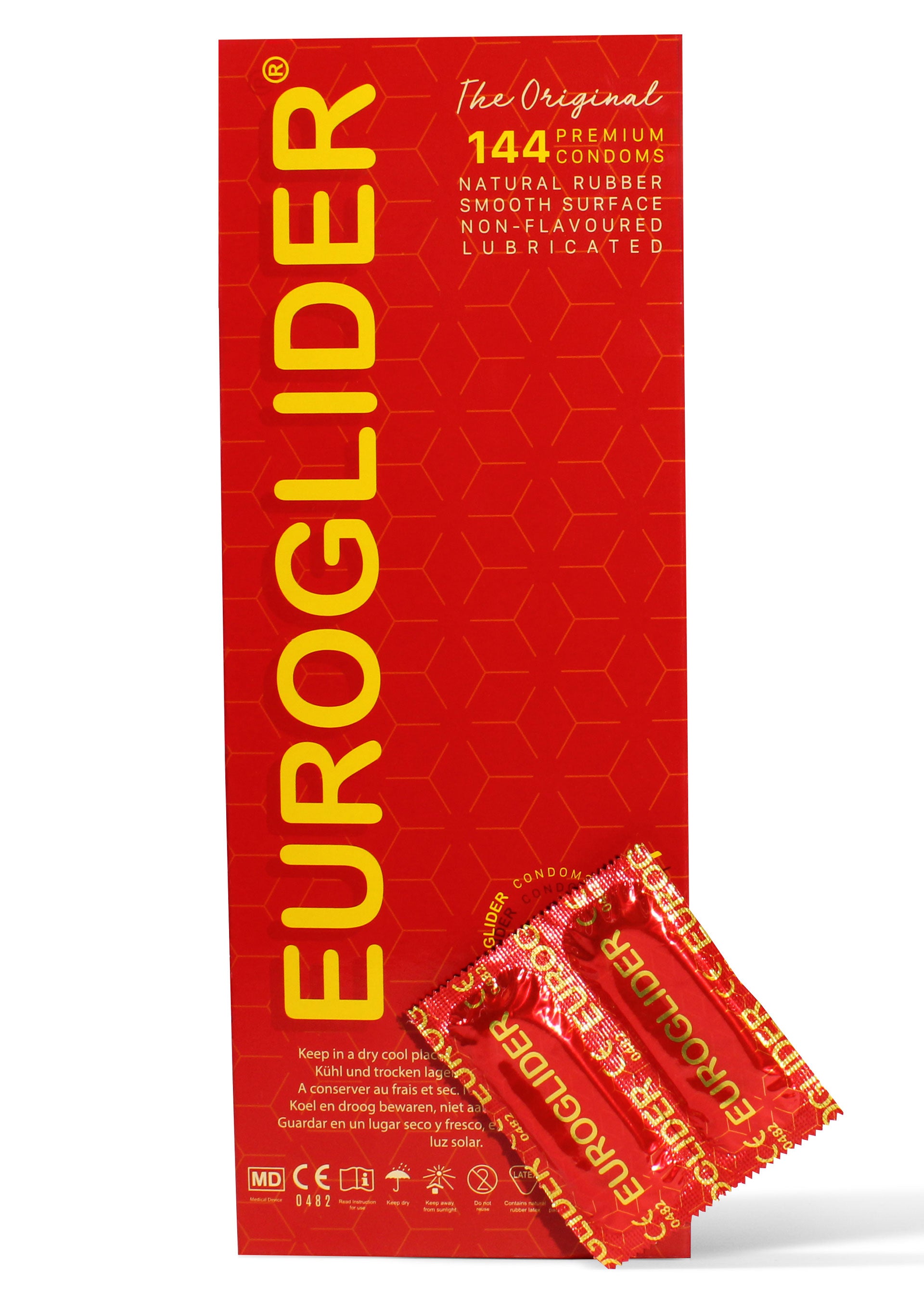 Prezervative din latex natural Euroglider pachet economic 144 bucati, cutie vedere din fata