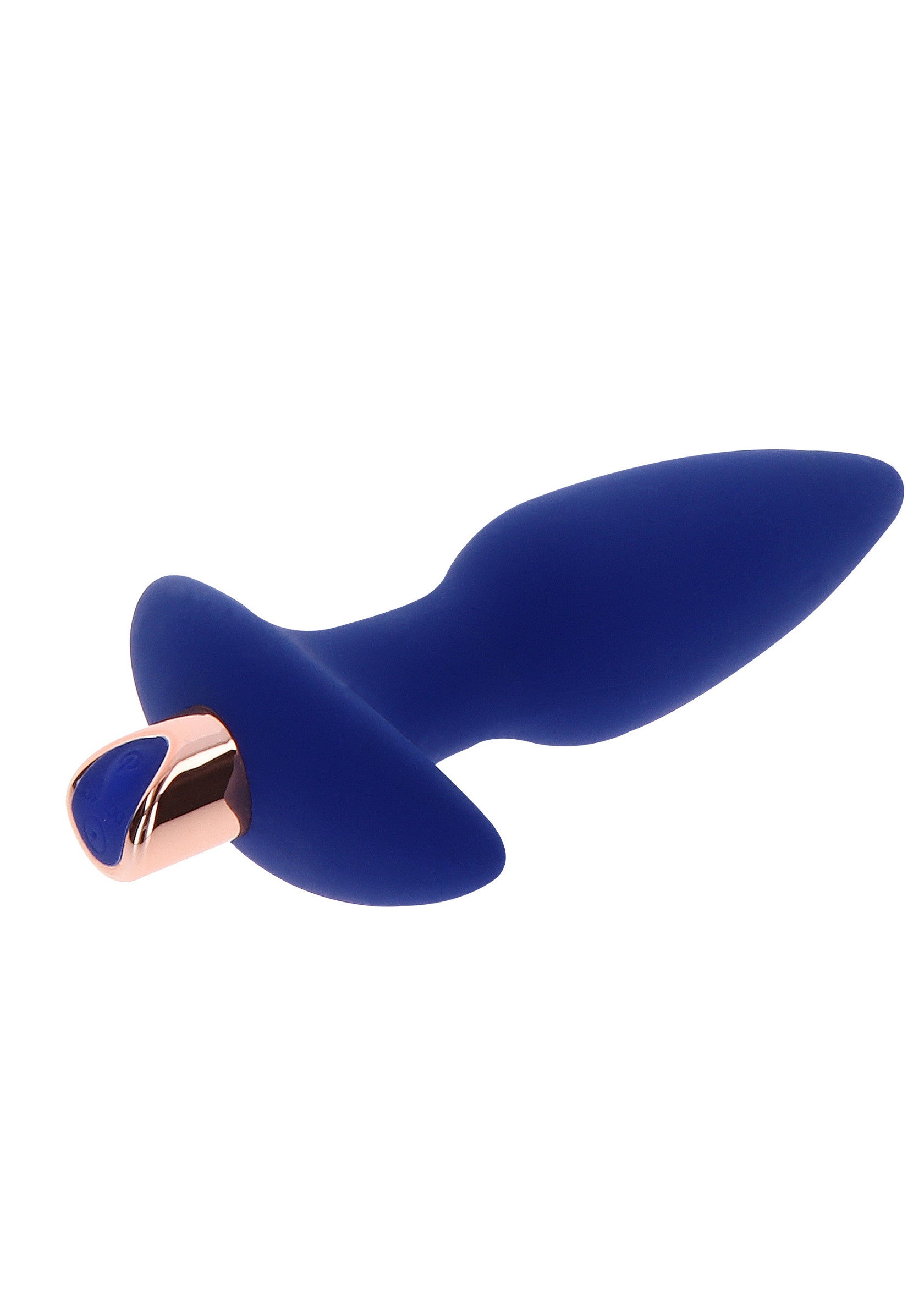 Dop anal vibrator The Sparkle ToyJoy albastru, vedere completa din fata, finisaj auriu rose la baza