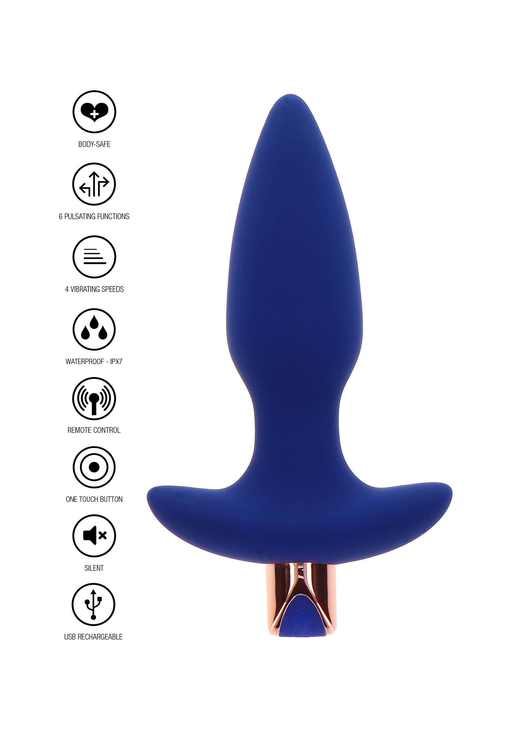 Dop anal vibrator The Sparkle ToyJoy albastru, infografic dimensiuni 13.5 cm lungime, 3.5 cm diametru