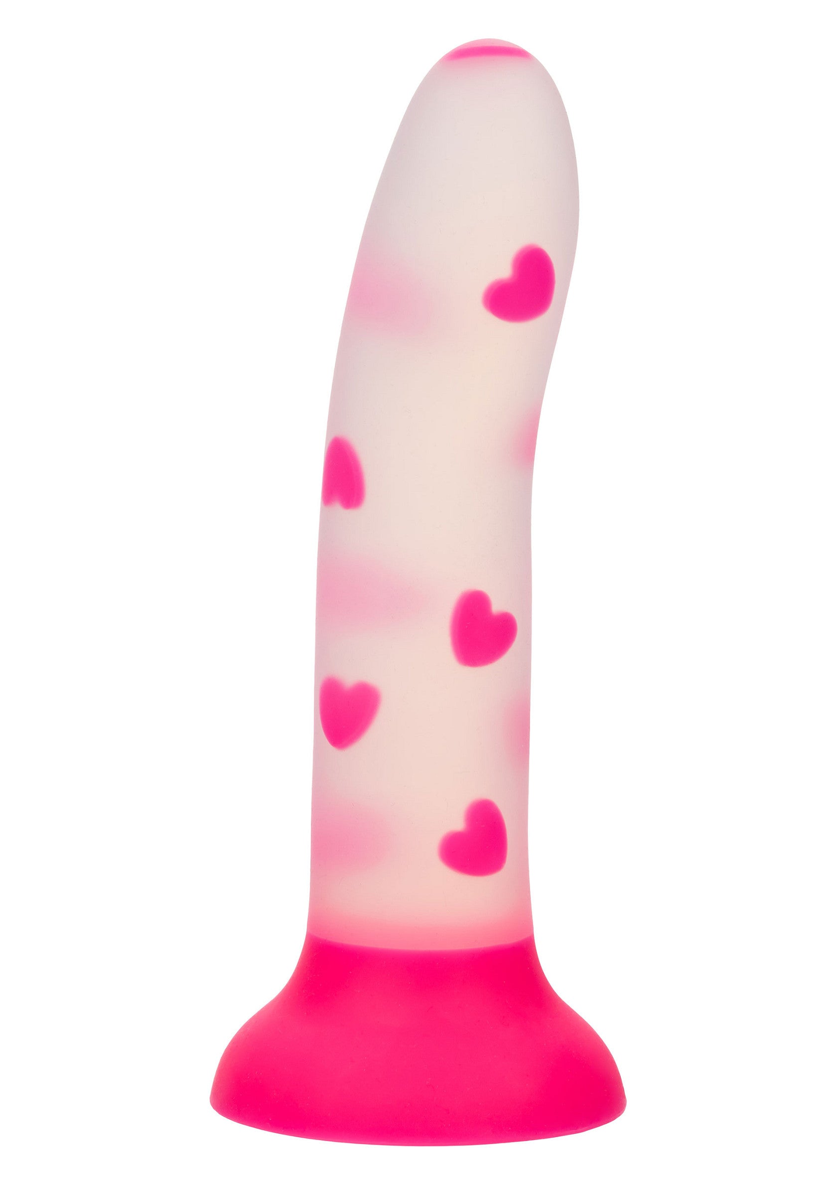 Dildo cu ventuza Glow Stick Heart CalExotics fosforescent, vedere completa cu model inimioare roz