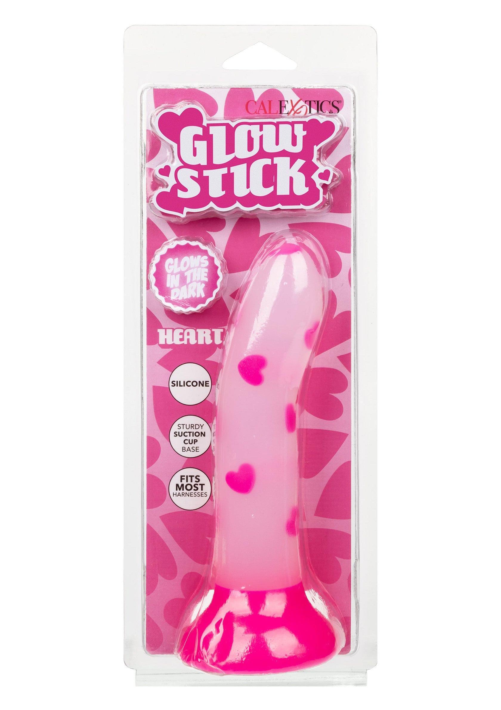 Dildo cu ventuza Glow Stick Heart CalExotics fosforescent, detaliu varf curbat