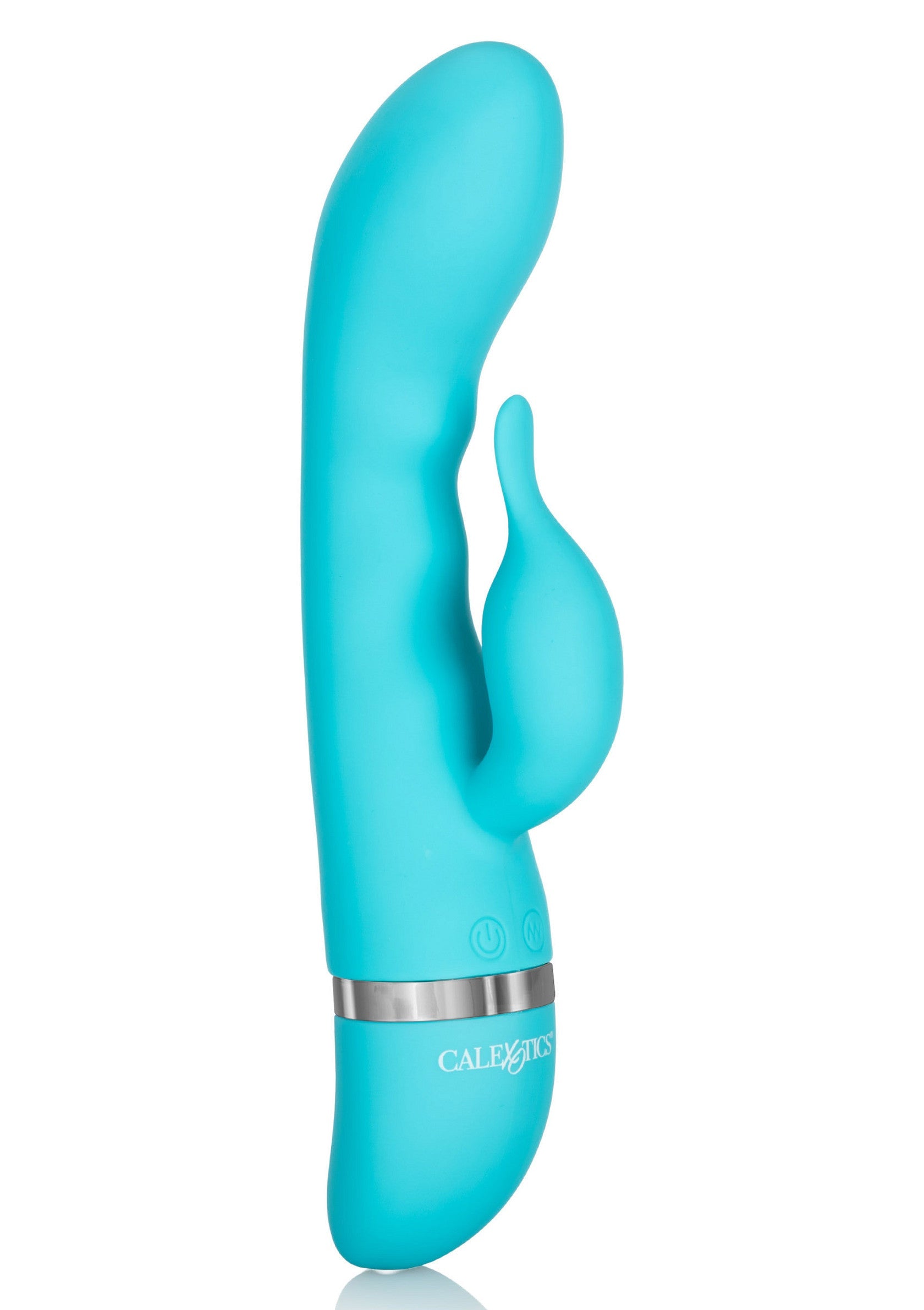 Vibrator rabbit Foreplay Frenzy Teaser CalExotics turcoaz, vedere completa cu tija curbata si brat in forma de delfin