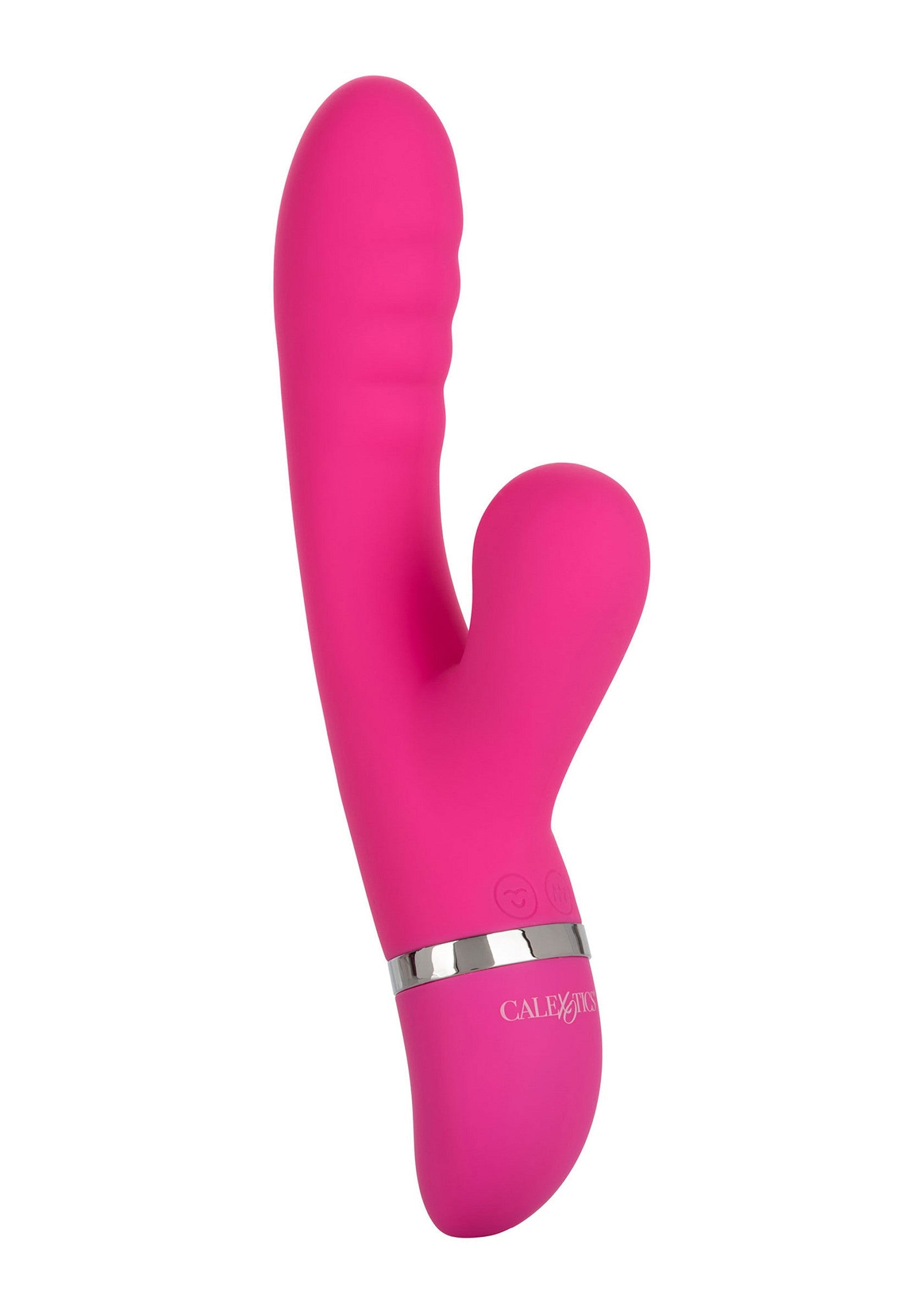 Vibrator rabbit cu suctiune Foreplay Frenzy Pucker CalExotics roz, vedere completa cu tija striata si brat stimulator