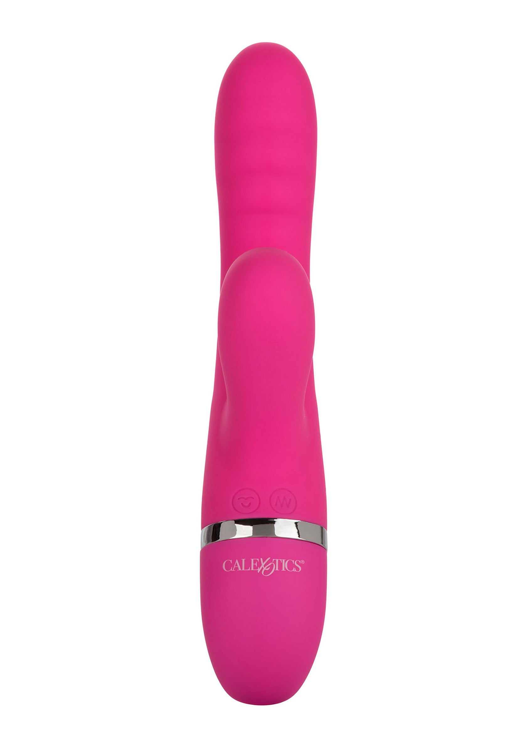 Vibrator rabbit Foreplay Frenzy Pucker CalExotics roz, vedere din fata cu bratul de suctiune