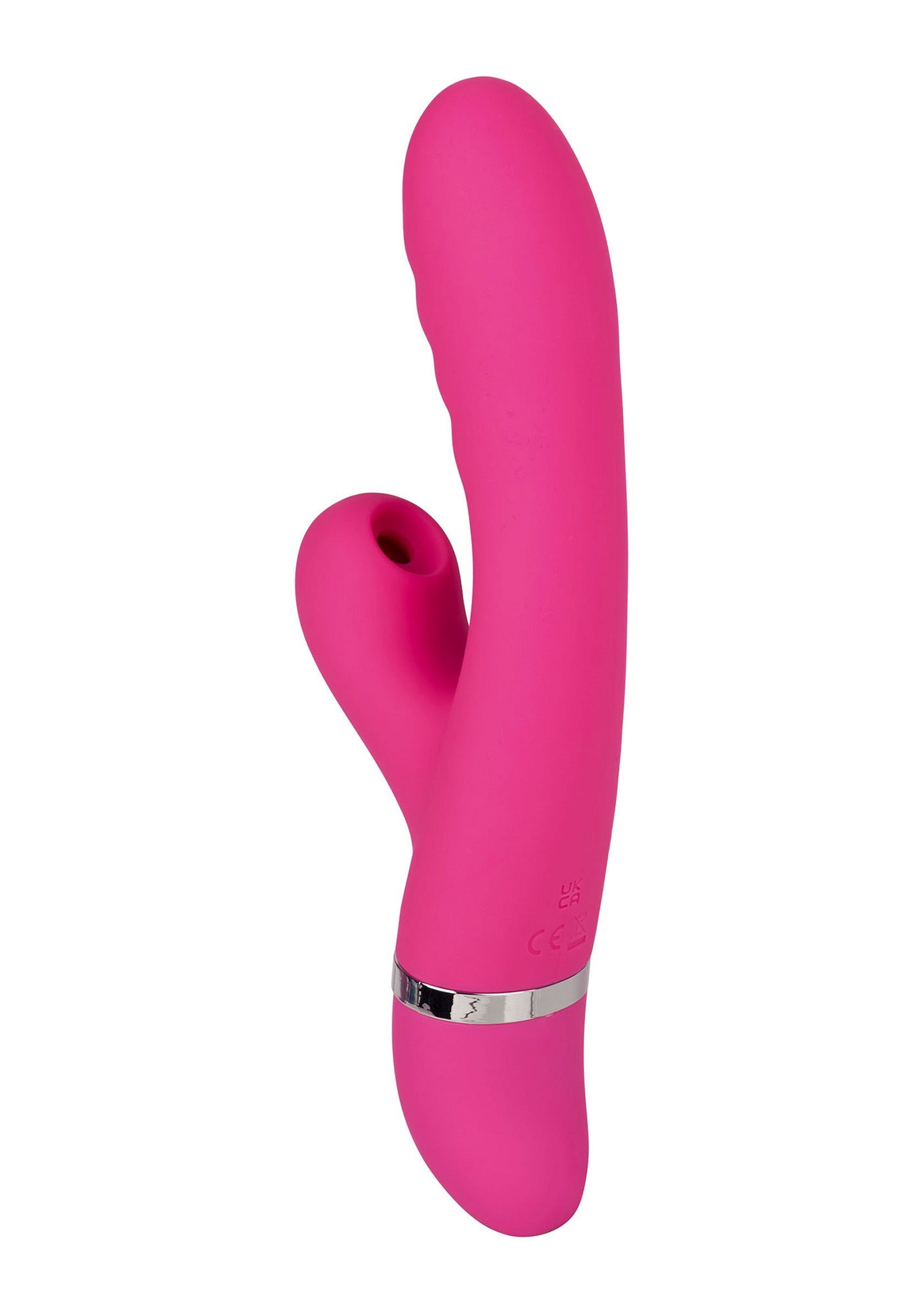 Vibrator rabbit Foreplay Frenzy Pucker CalExotics roz, vedere din spate cu marcaje CE si UKCA