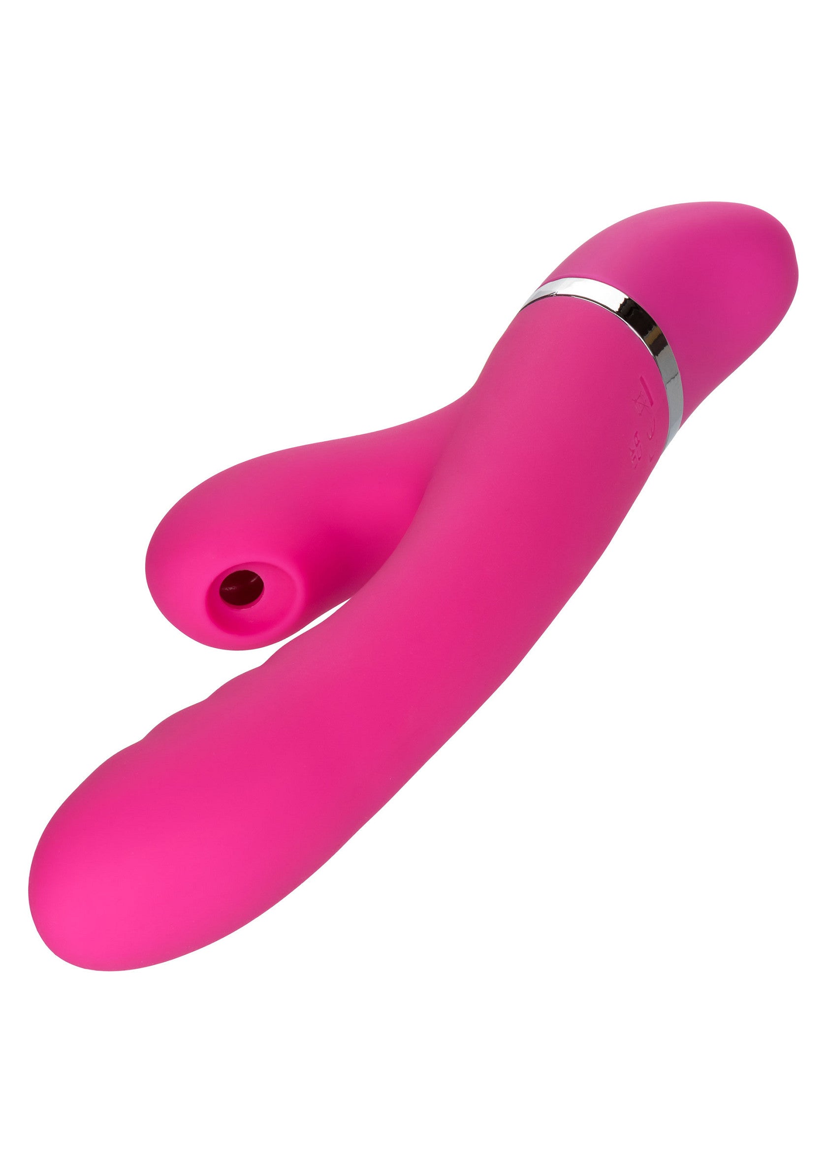 Vibrator rabbit Foreplay Frenzy Pucker CalExotics roz, vedere diagonala cu ambele capete