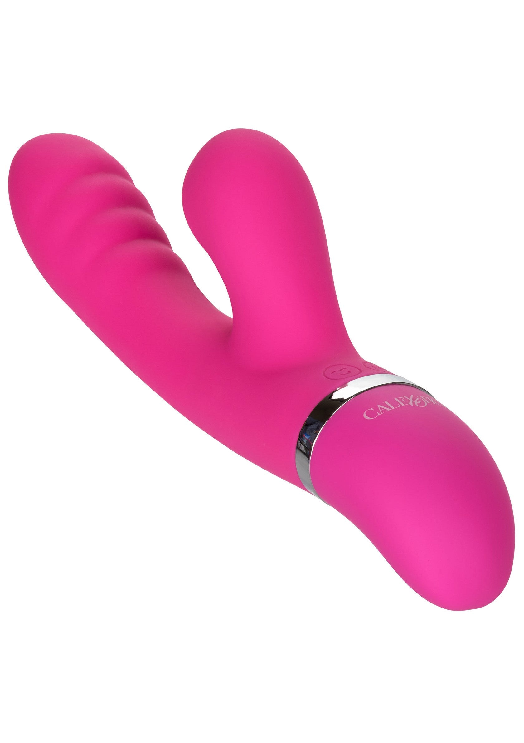 Vibrator rabbit Foreplay Frenzy Pucker CalExotics roz, vedere diagonala cu butoane si logo CalExotics