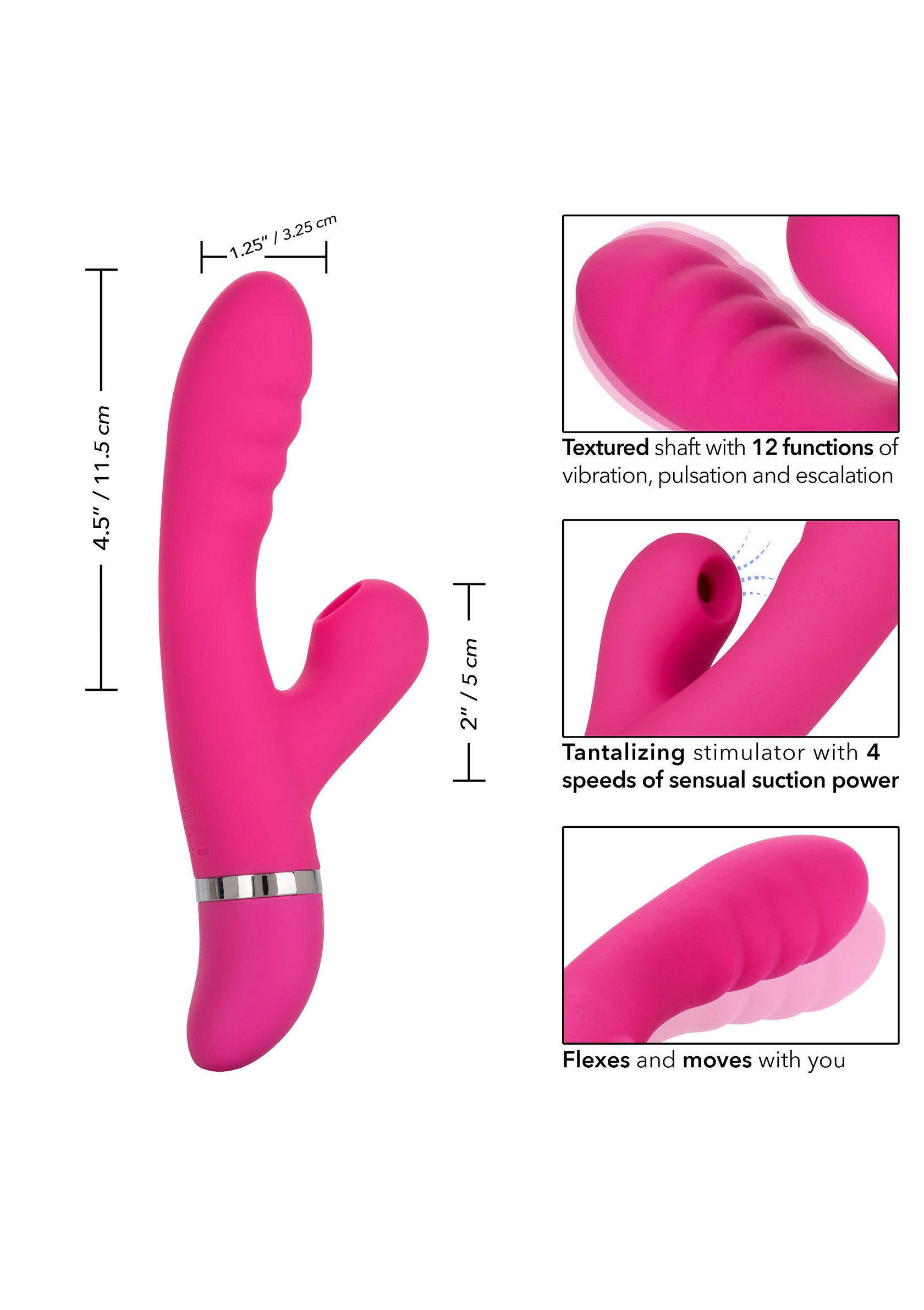 Vibrator rabbit Foreplay Frenzy Pucker CalExotics roz, infografic dimensiuni si functii