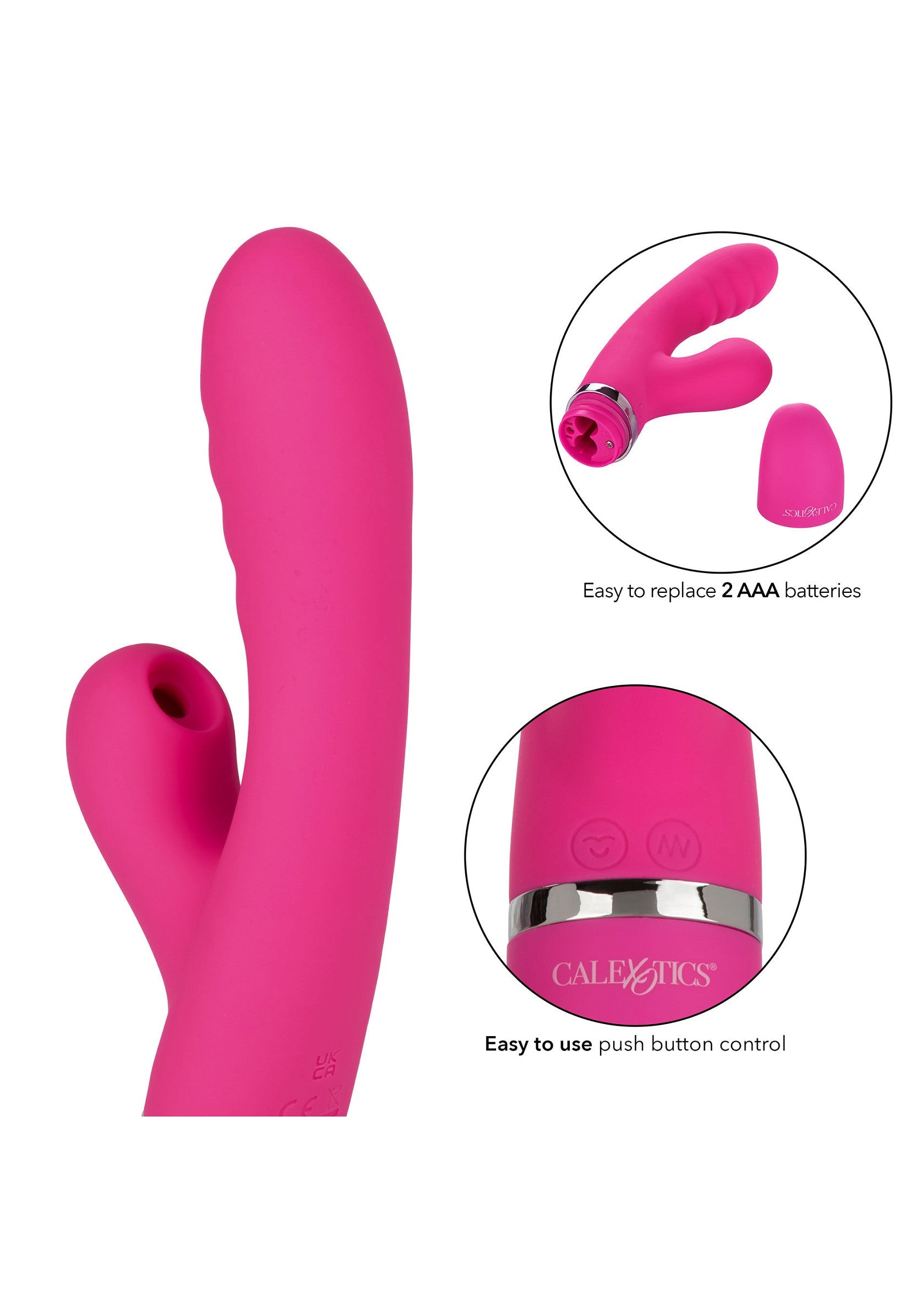 Vibrator rabbit Foreplay Frenzy Pucker CalExotics roz, detaliu capac baterii si butoane de control