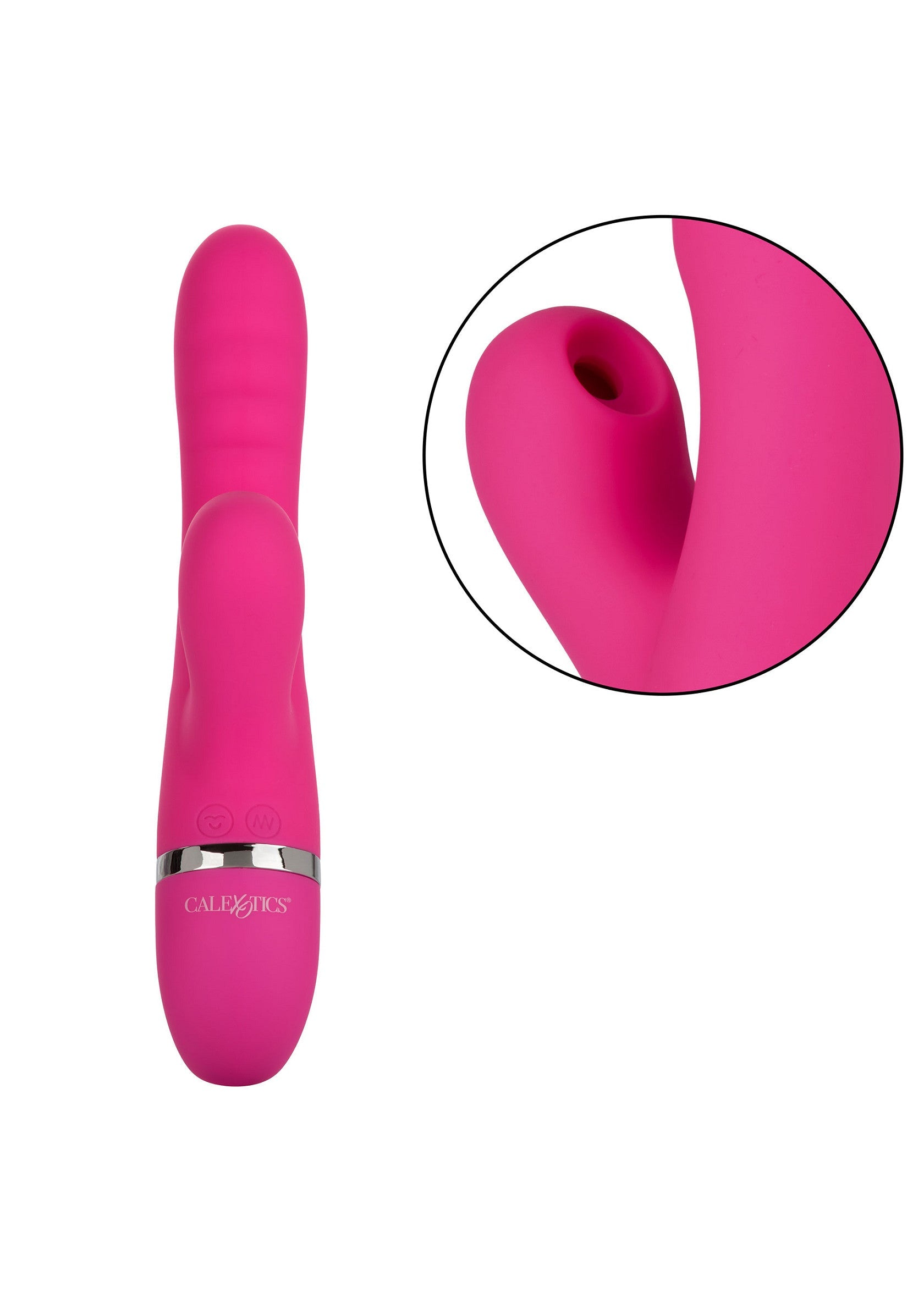 Vibrator rabbit Foreplay Frenzy Pucker CalExotics roz, vedere completa cu detaliu varf de suctiune