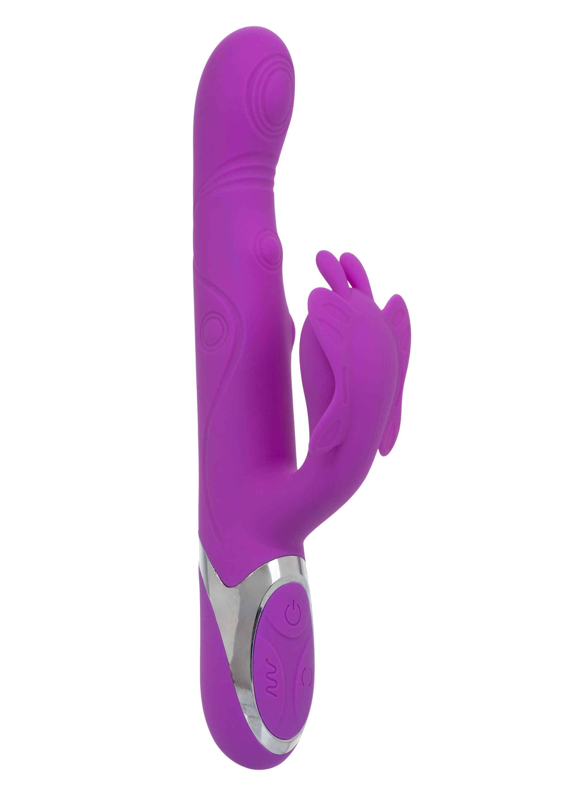 Vibrator rabbit cu pulsatie Enchanted Throbbing Butterfly CalExotics mov, vedere completa cu stimulator in forma de fluture