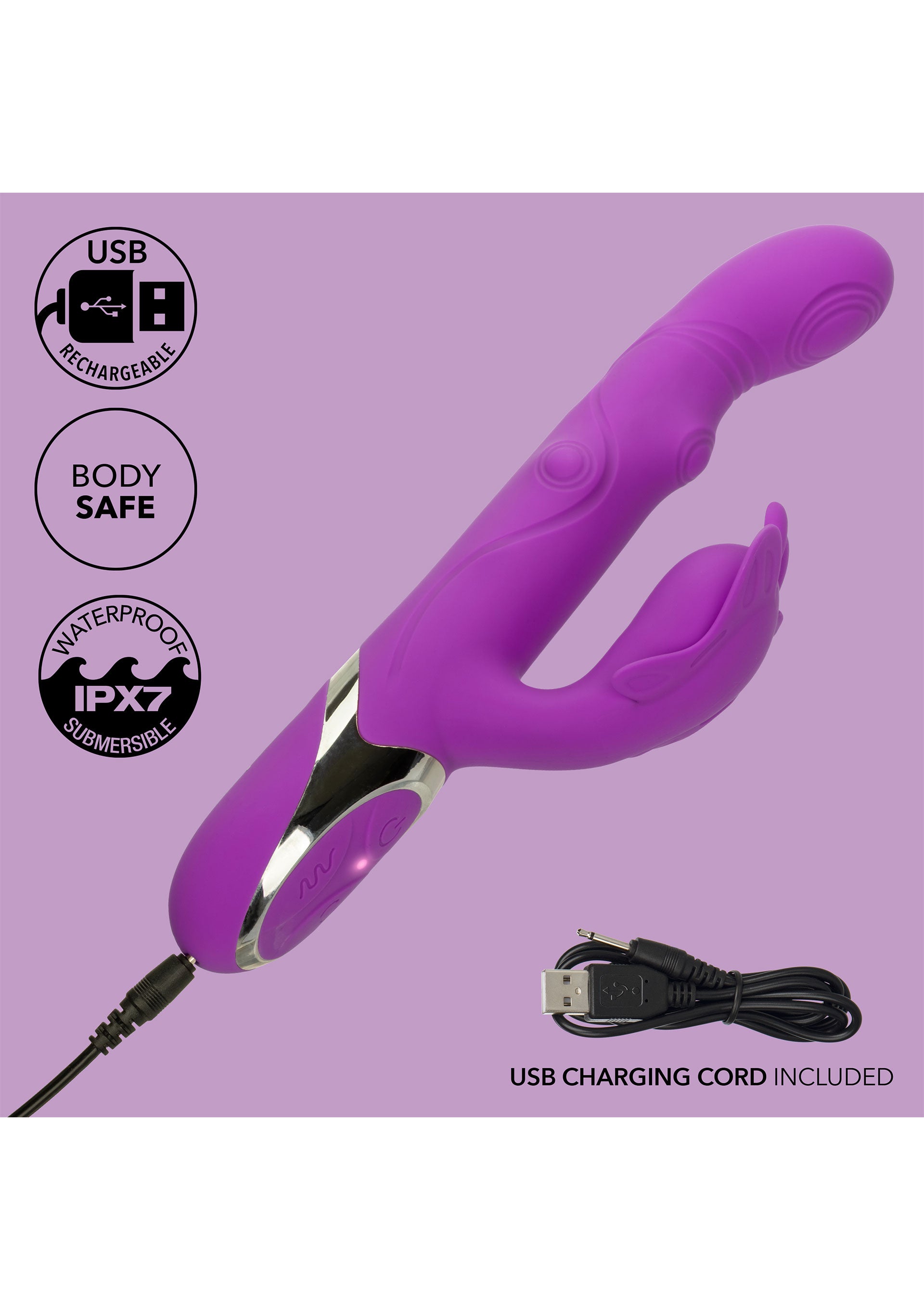 Vibrator rabbit Enchanted Throbbing Butterfly CalExotics mov, infografic reincarcare USB, body-safe, waterproof IPX7
