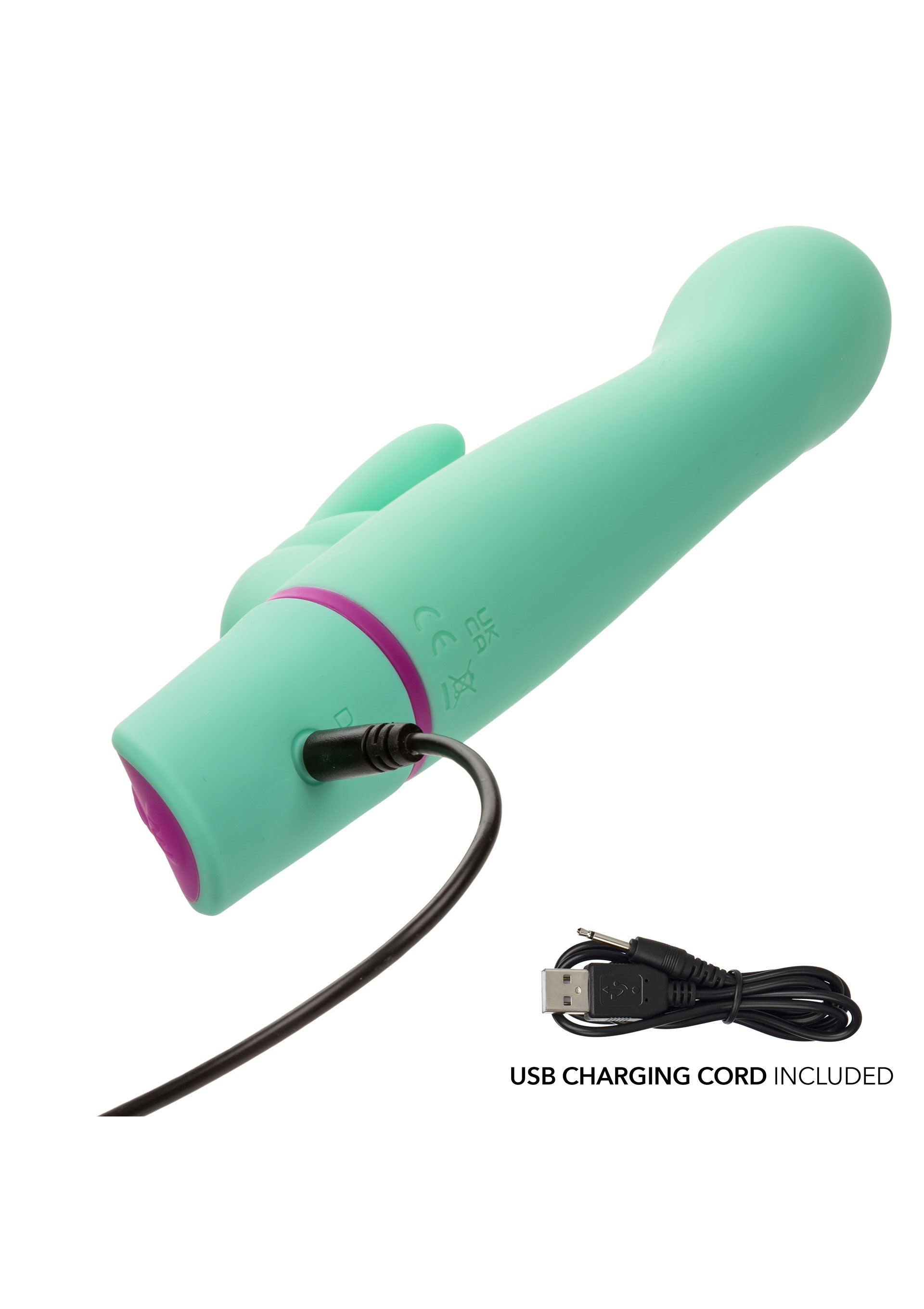 Vibrator rabbit cu balansare Rocking G Bunny CalExotics verde, detaliu port de incarcare USB