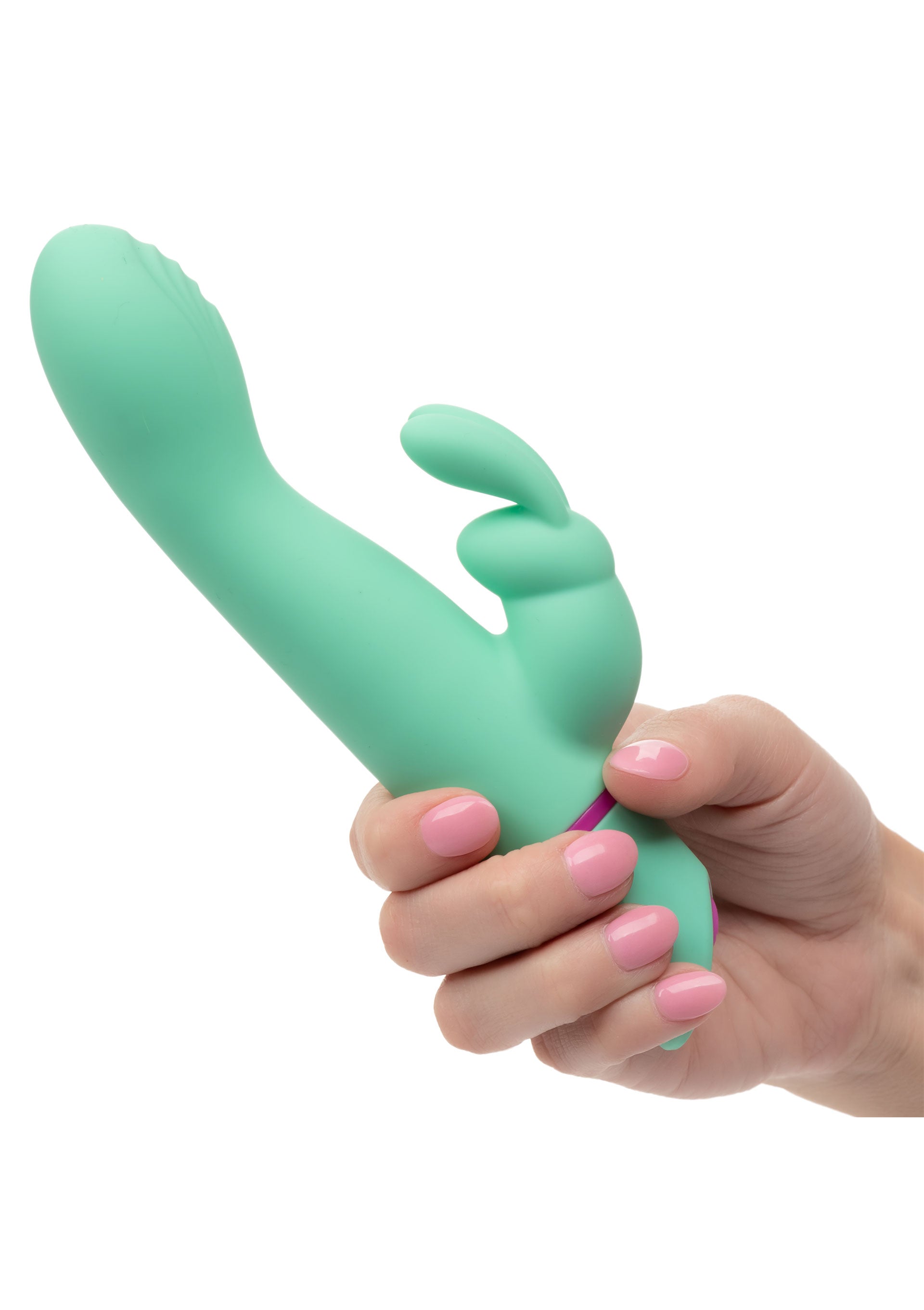 Vibrator rabbit cu balansare Rocking G Bunny CalExotics verde, dimensiuni comparative