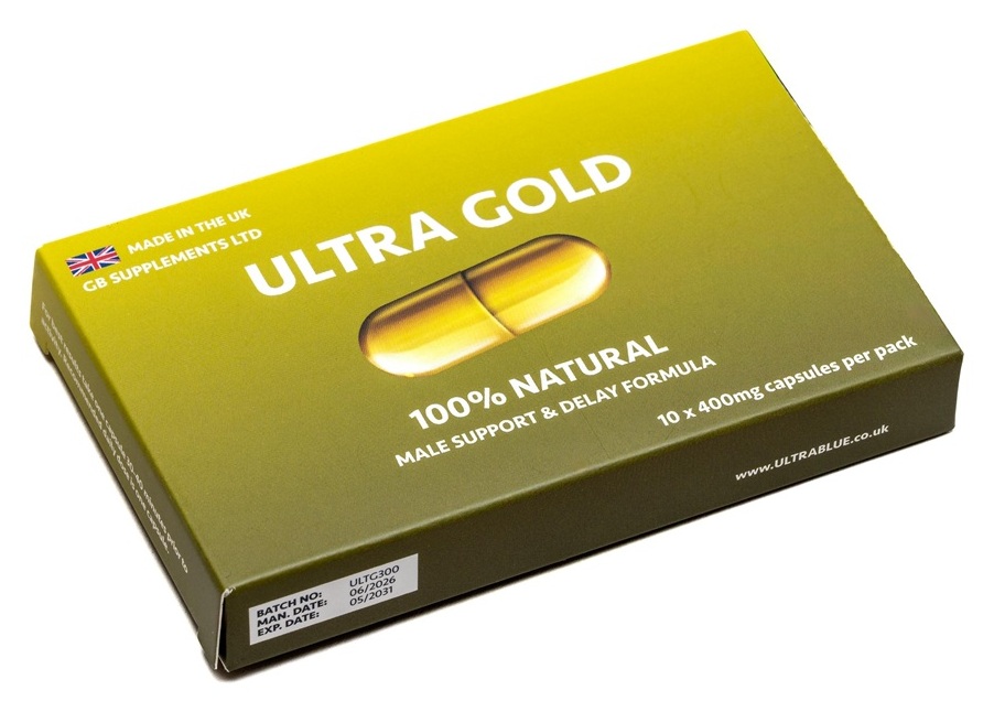 Ultra Gold suport si intarziere masculina, cutie vazuta din unghi, cu lot si data expirare