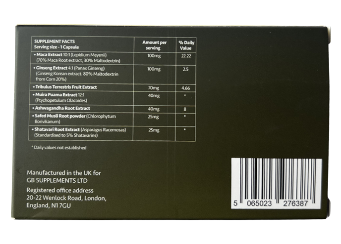 Ultra Gold suport si intarziere masculina, eticheta cu valorile nutritionale si ingredientele