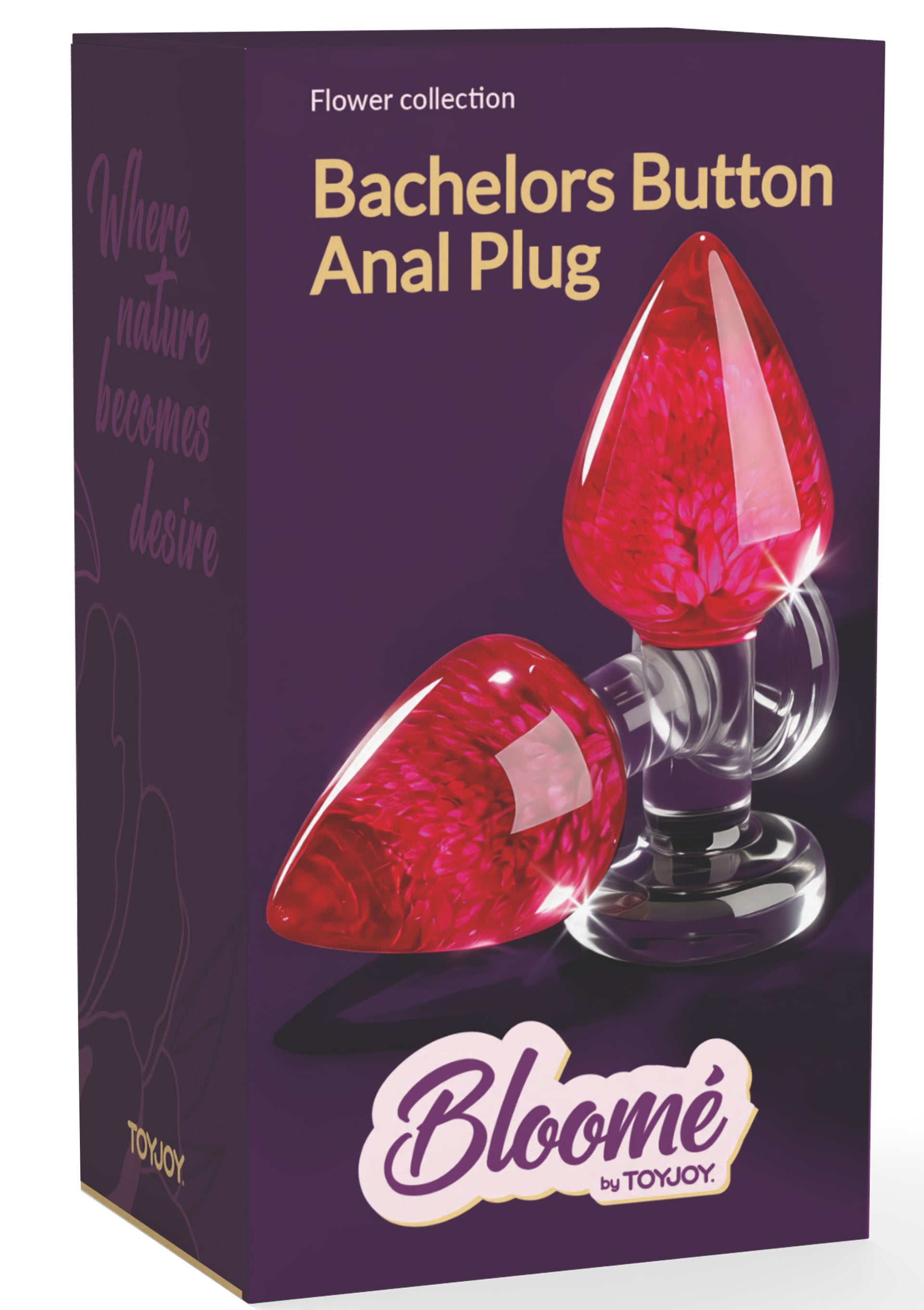 Plug anal Bachelors Button by ToyJoy, rosu, vedere frontala cu floarea reala conservata in rasina