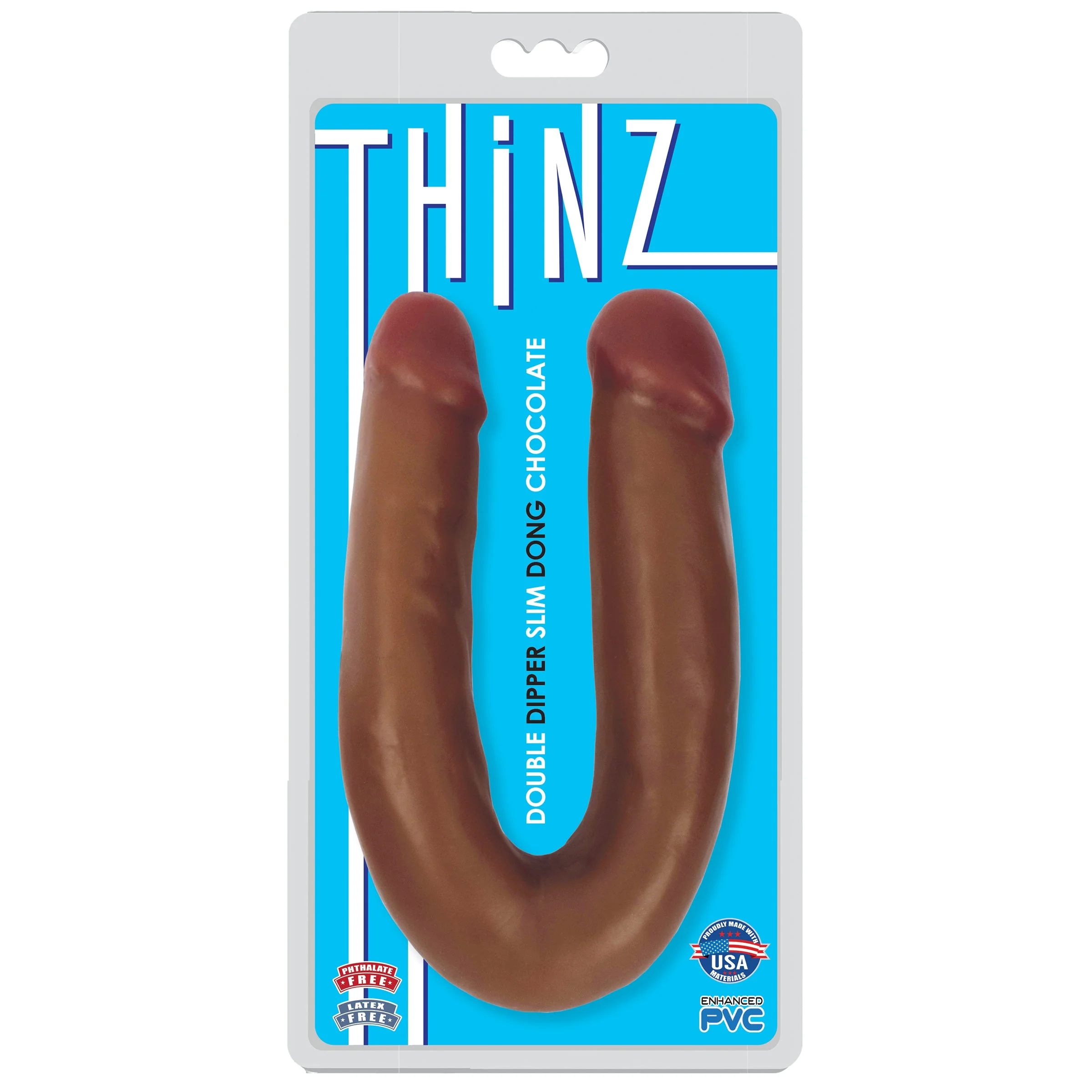 Dildo dublu fin Thinz Double Dipper by Curve, maro, cutia originala Double Dipper Slim Double Dong Chocolate