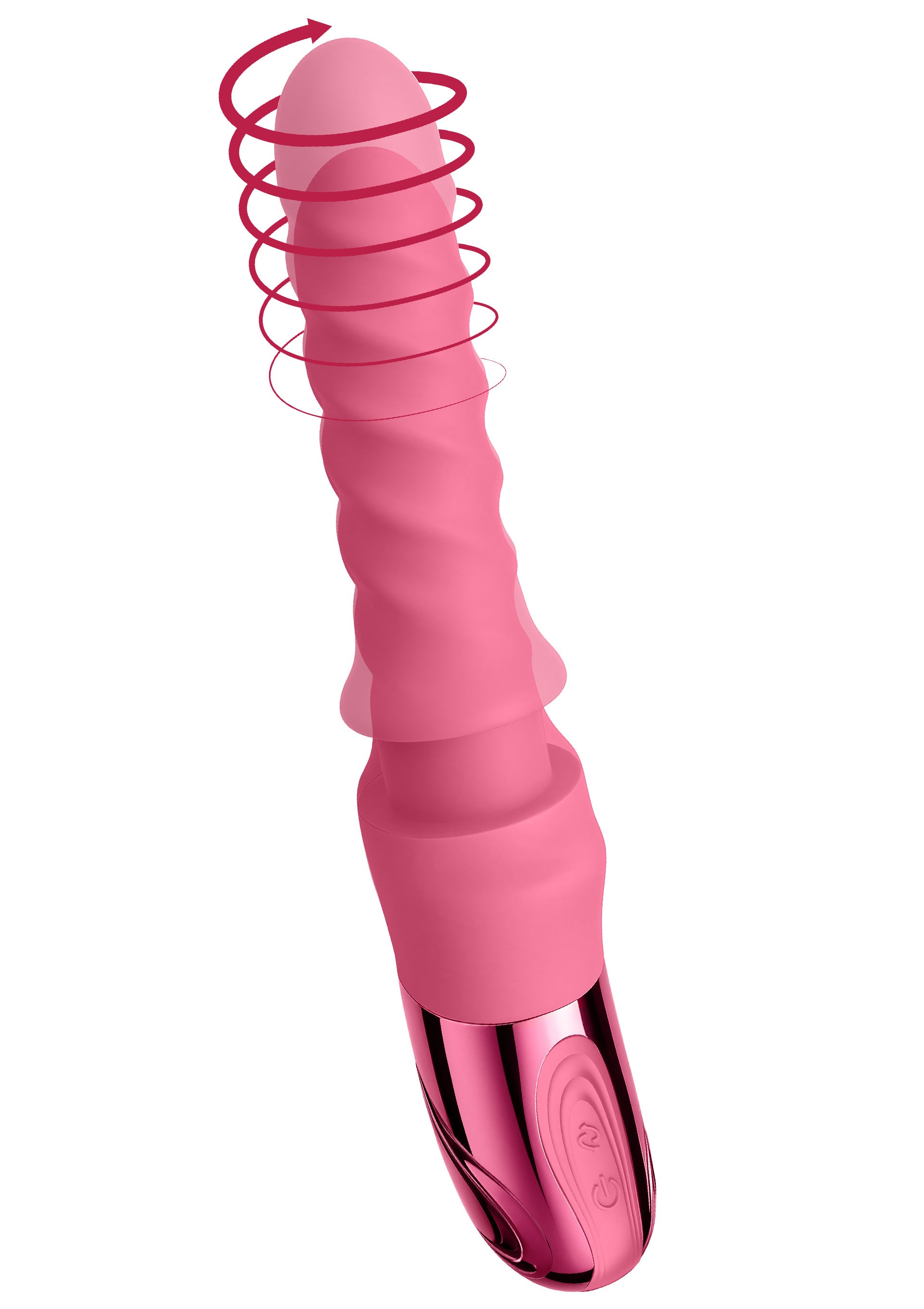 Vibrator rotativ cu impingere Swirl She.E.O, roz, vedere completa cu capul rotativ ilustrat