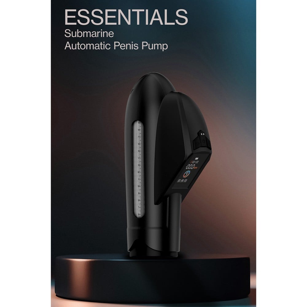 Pompa penis automata Essentials Submarine by Dreamtoys, negru, imagine de prezentare pe soclu