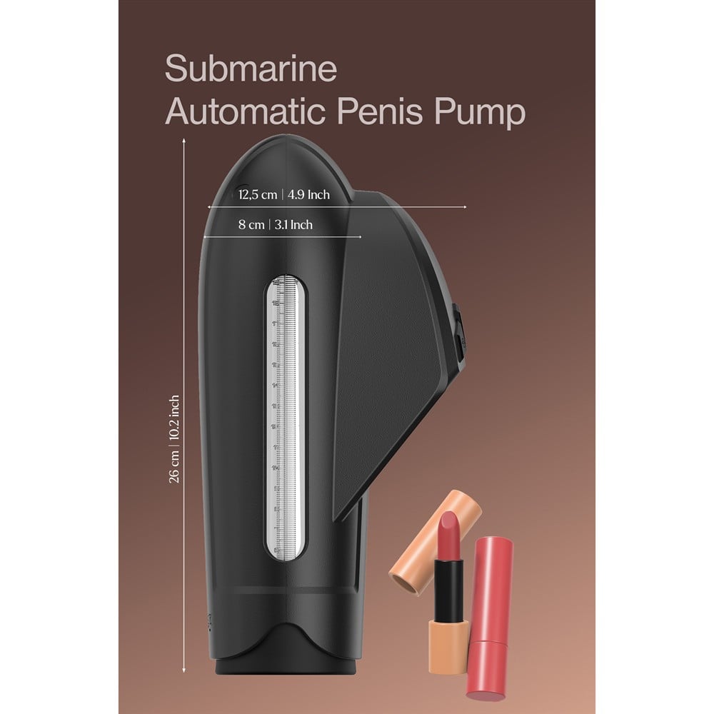 Pompa penis automata Essentials Submarine by Dreamtoys, negru, infografic cu dimensiunile exacte