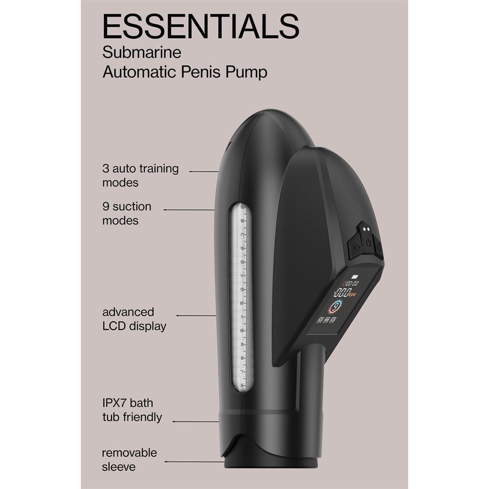 Pompa penis automata Essentials Submarine by Dreamtoys, negru, infografic cu toate caracteristicile principale