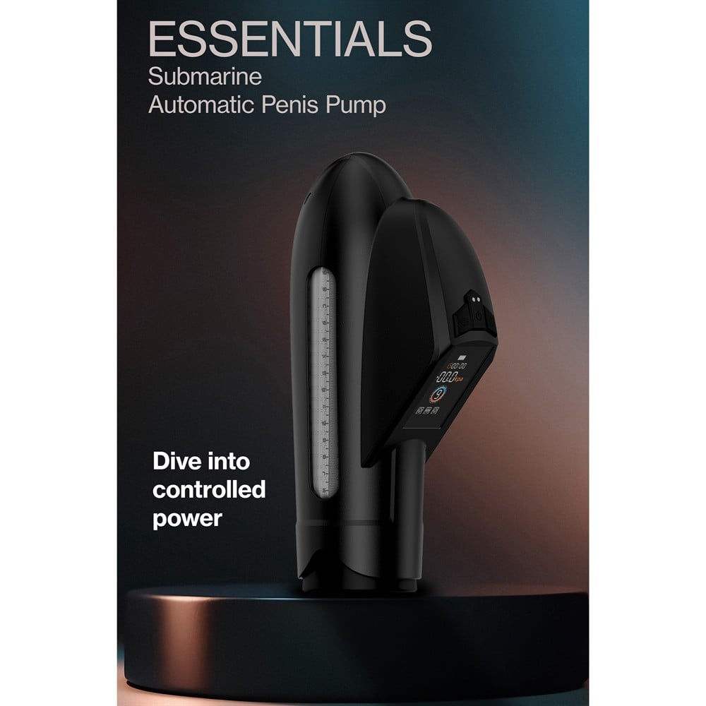 Pompa penis automata Essentials Submarine by Dreamtoys, negru, imagine tematica pe soclu intunecat