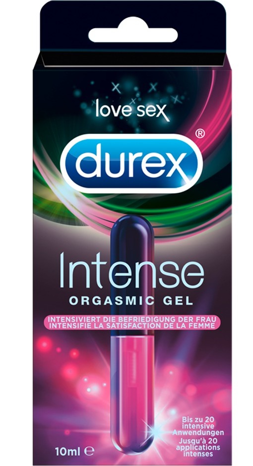 Durex Intense Orgasmic Gel - cutia produsului, vedere din unghi