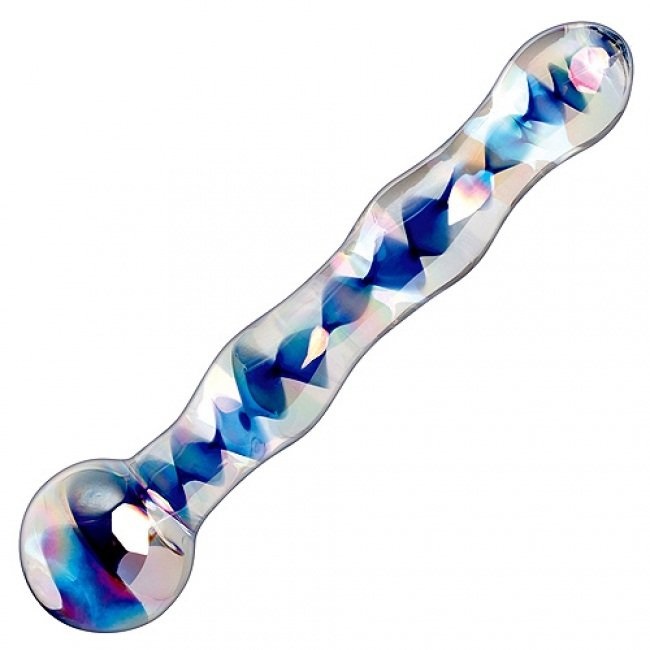 Dildo Sticla Icicles No 8 Albastru vedere frontala irizatii argintii spiralate Pipedream