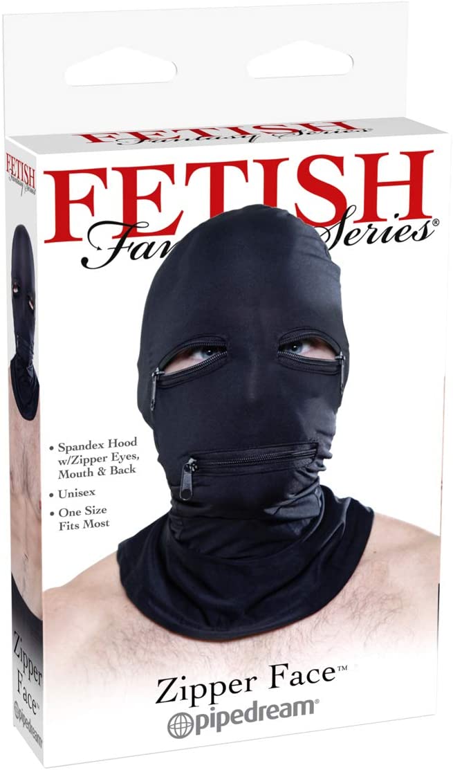 cagula Pipedream Zipper Face Hood neagra fermoare ochi gura vedere frontala cap complet