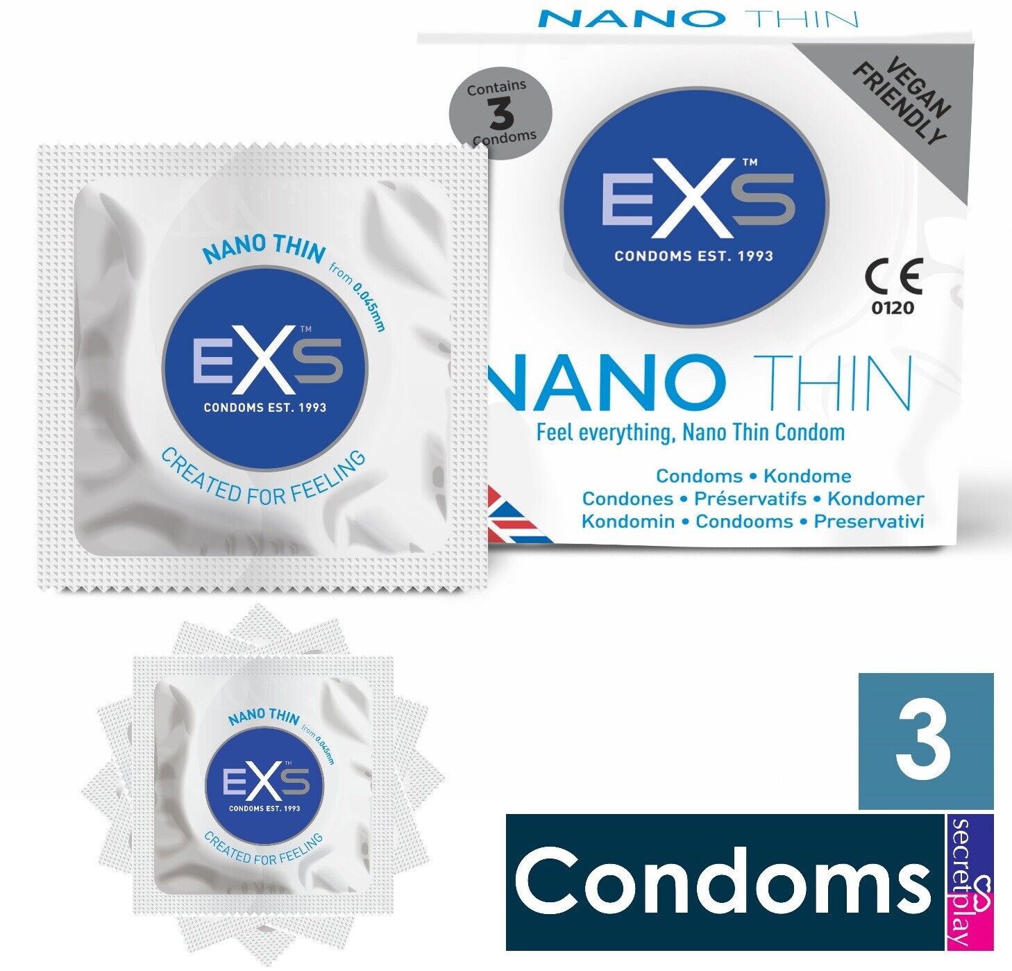 Prezervative EXS Nano Thin 3 buc, cutia produsului vedere frontala