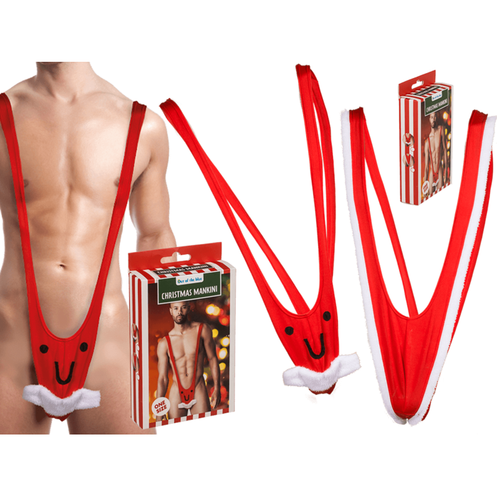 Christmas Mankini Rosu purtat de model, langa cutia produsului