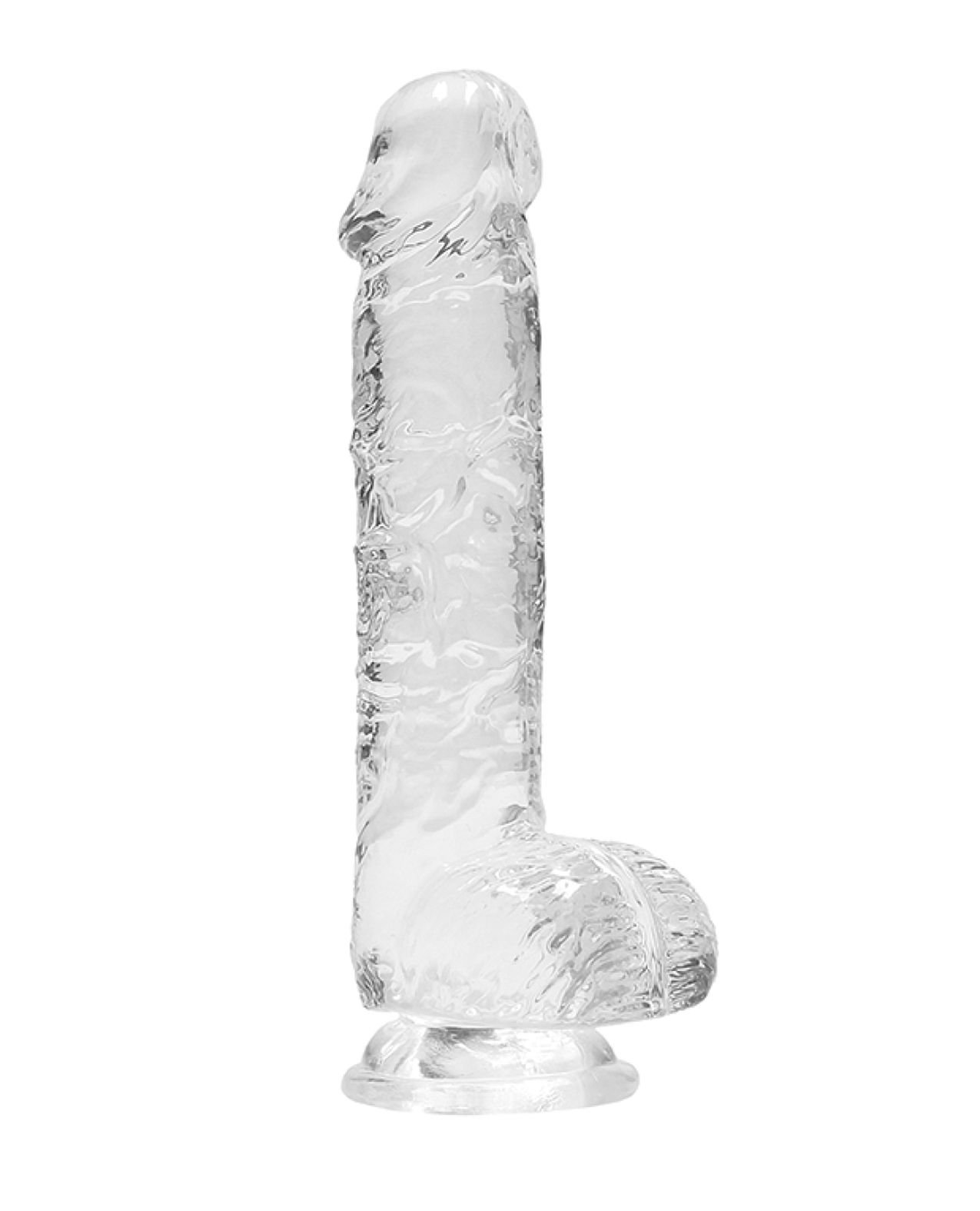 Dildo RealRock Crystal Clear, profil complet cu testicule realiste si ventuza la baza