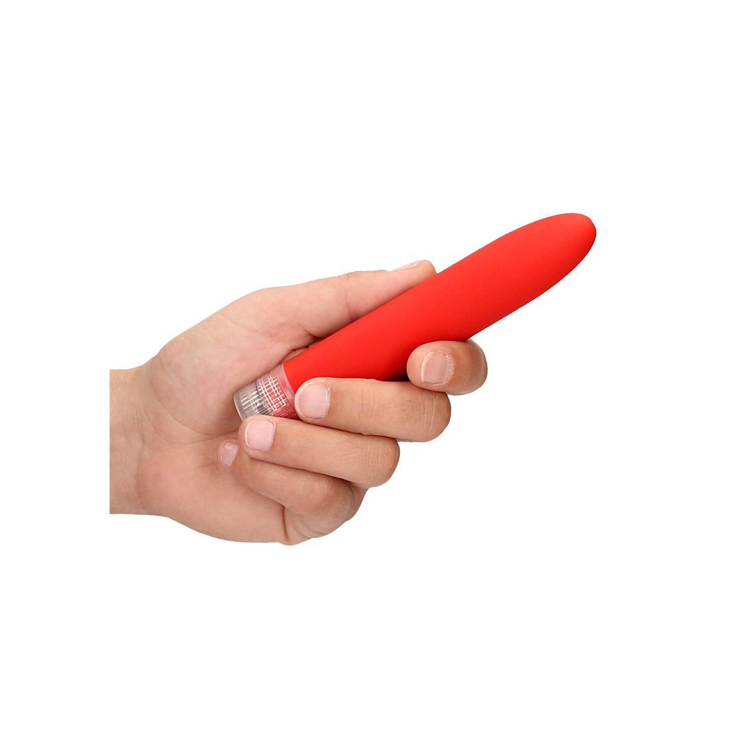 Plansa cu caracteristicile vibratorului Eleni rosu: ABS super soft, motor puternic, baterie AA, control multi-viteza