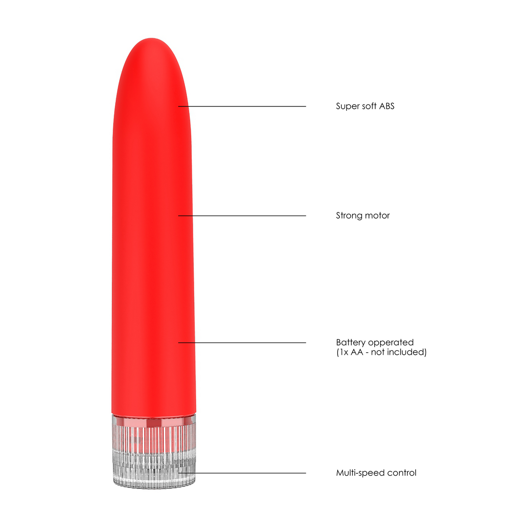 Baza vibratorului Eleni rosu desfacuta, cu compartimentul pentru bateria AA vizibil