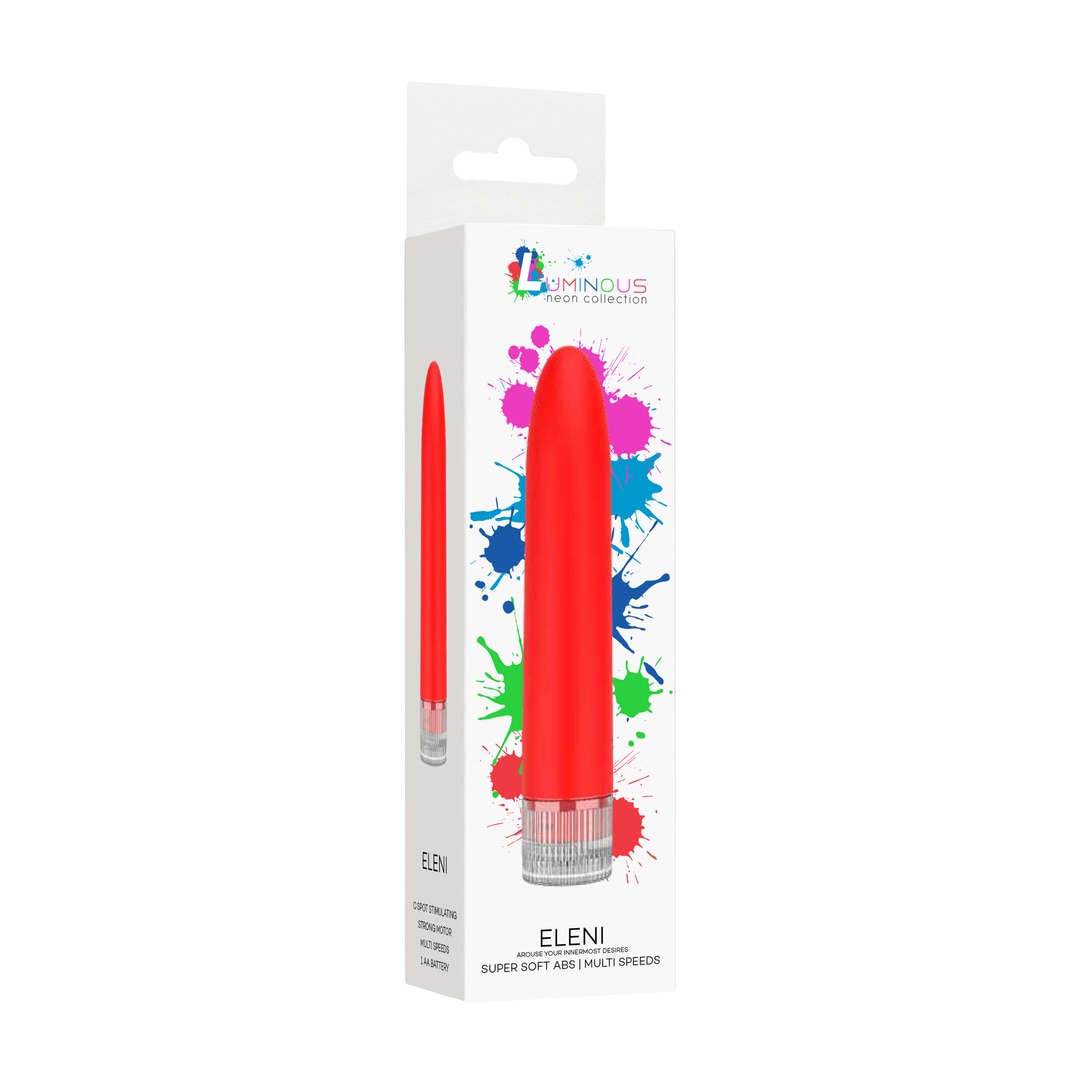 Vibrator Luminous Eleni rosu, cutia originala din colectia Neon alaturi de produs