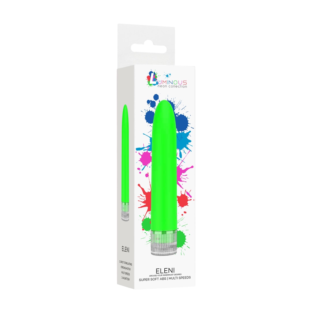 Vibrator Luminous Eleni verde, cutia originala din colectia Neon alaturi de produs