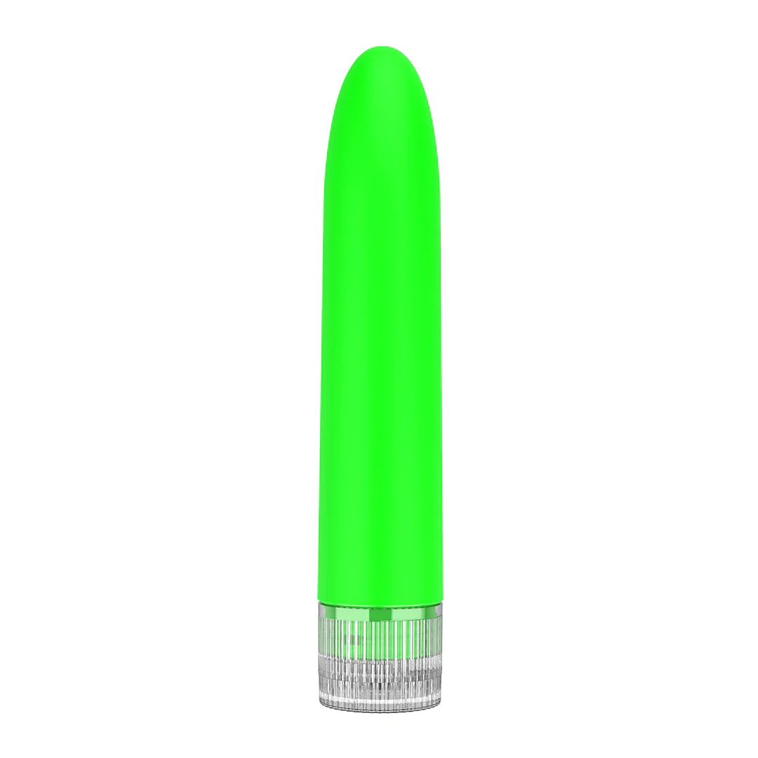 Vibrator Luminous Eleni verde neon, forma slim cu varf rotunjit si baza cu inel de control