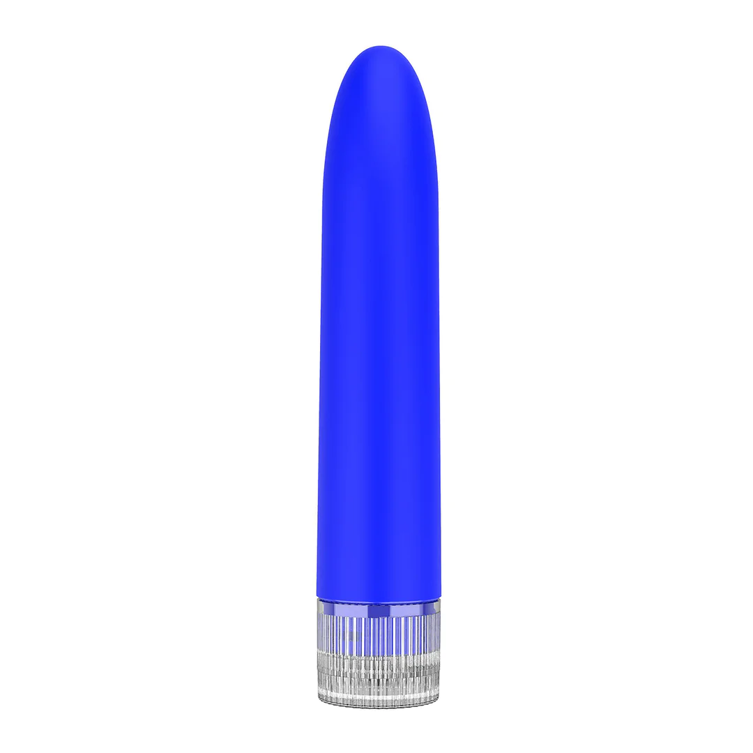 Vibrator Luminous Eleni albastru, forma slim cu varf rotunjit si baza cu inel de control