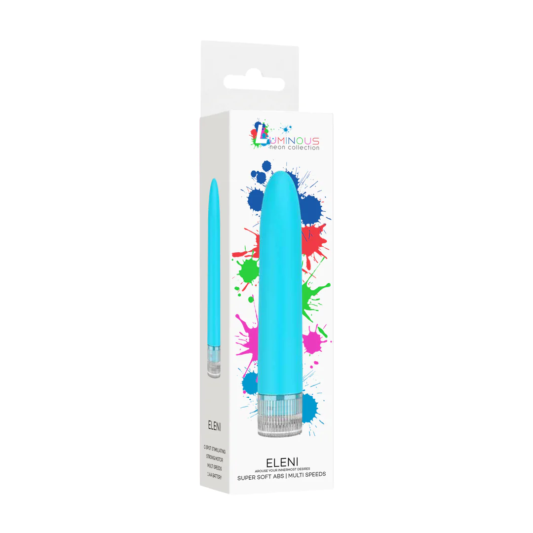 Vibrator Luminous Eleni turcoaz, forma slim cu varf rotunjit si baza cu inel de control
