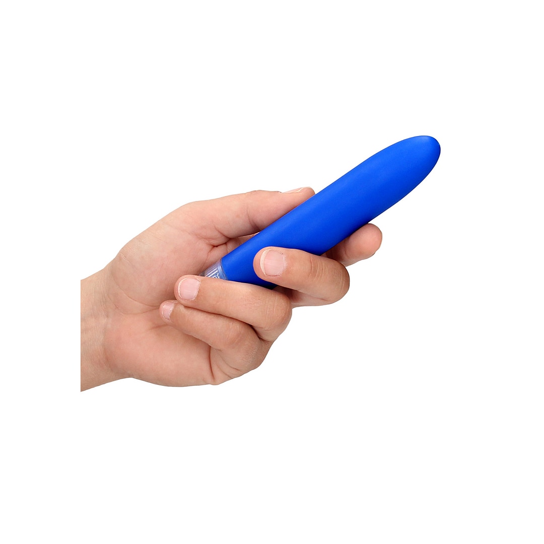 Baza vibratorului Eleni albastru desfacuta, cu compartimentul pentru bateria AA vizibil