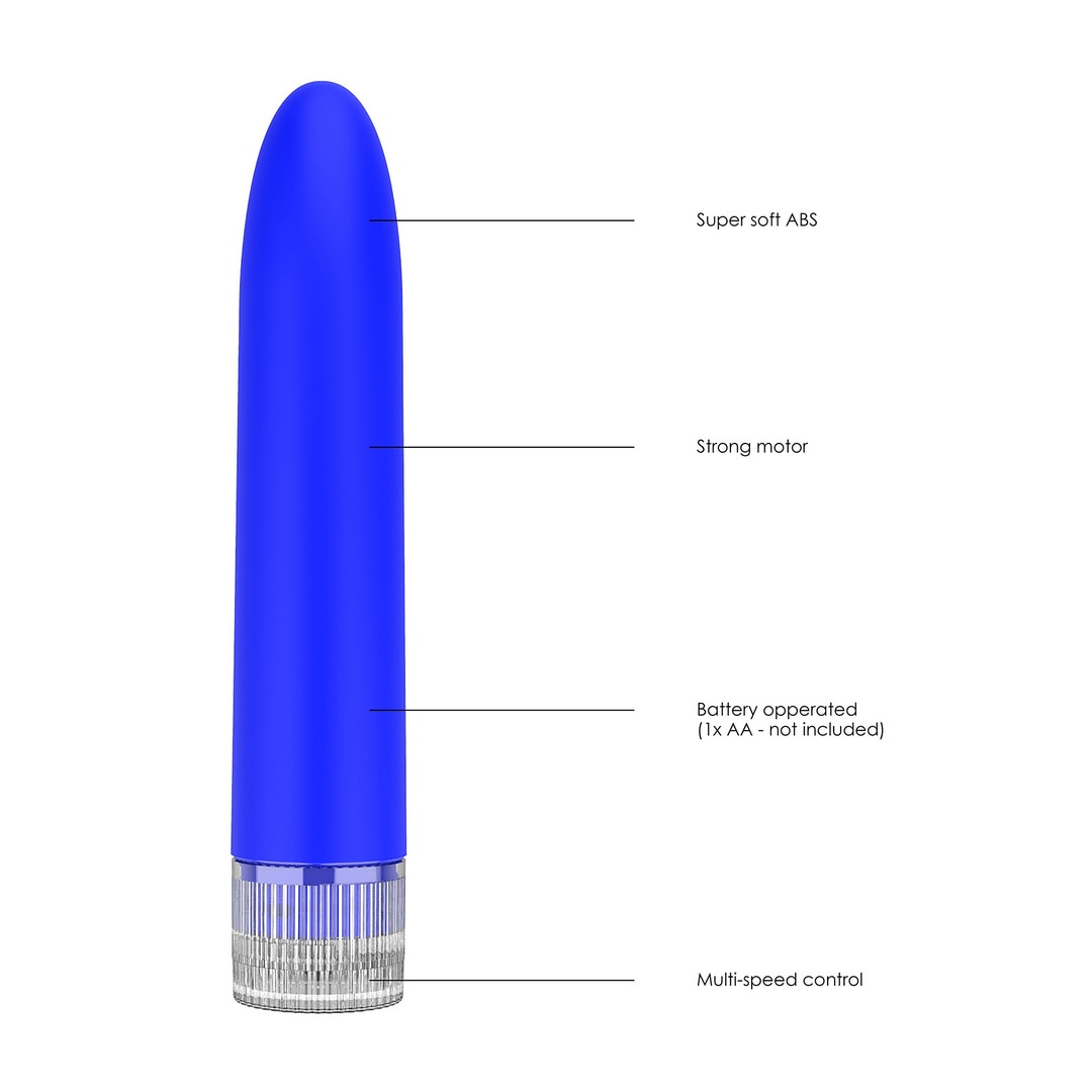 Plansa cu caracteristicile vibratorului Eleni albastru: ABS super soft, motor puternic, baterie AA, control multi-viteza