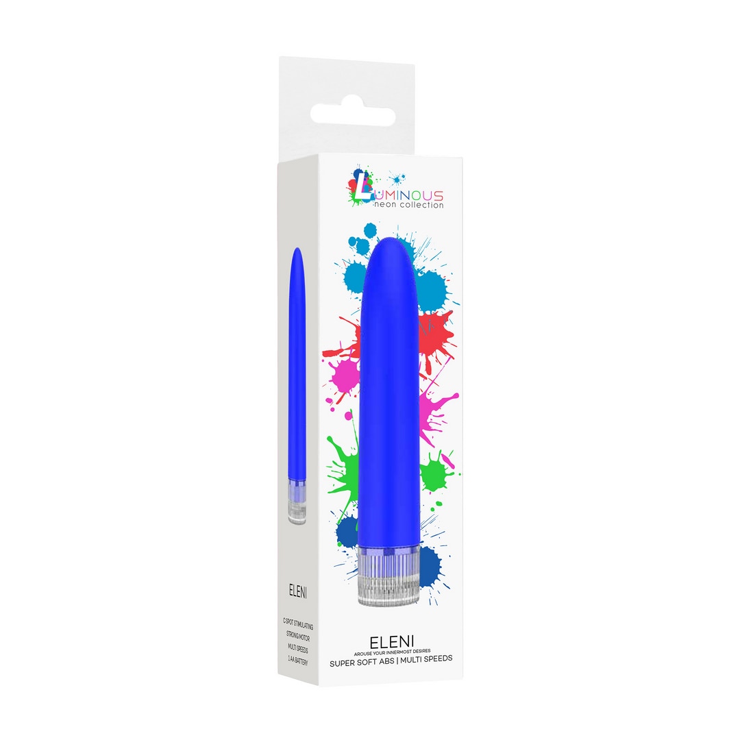 Vibrator Luminous Eleni albastru, cutia originala din colectia Neon alaturi de produs